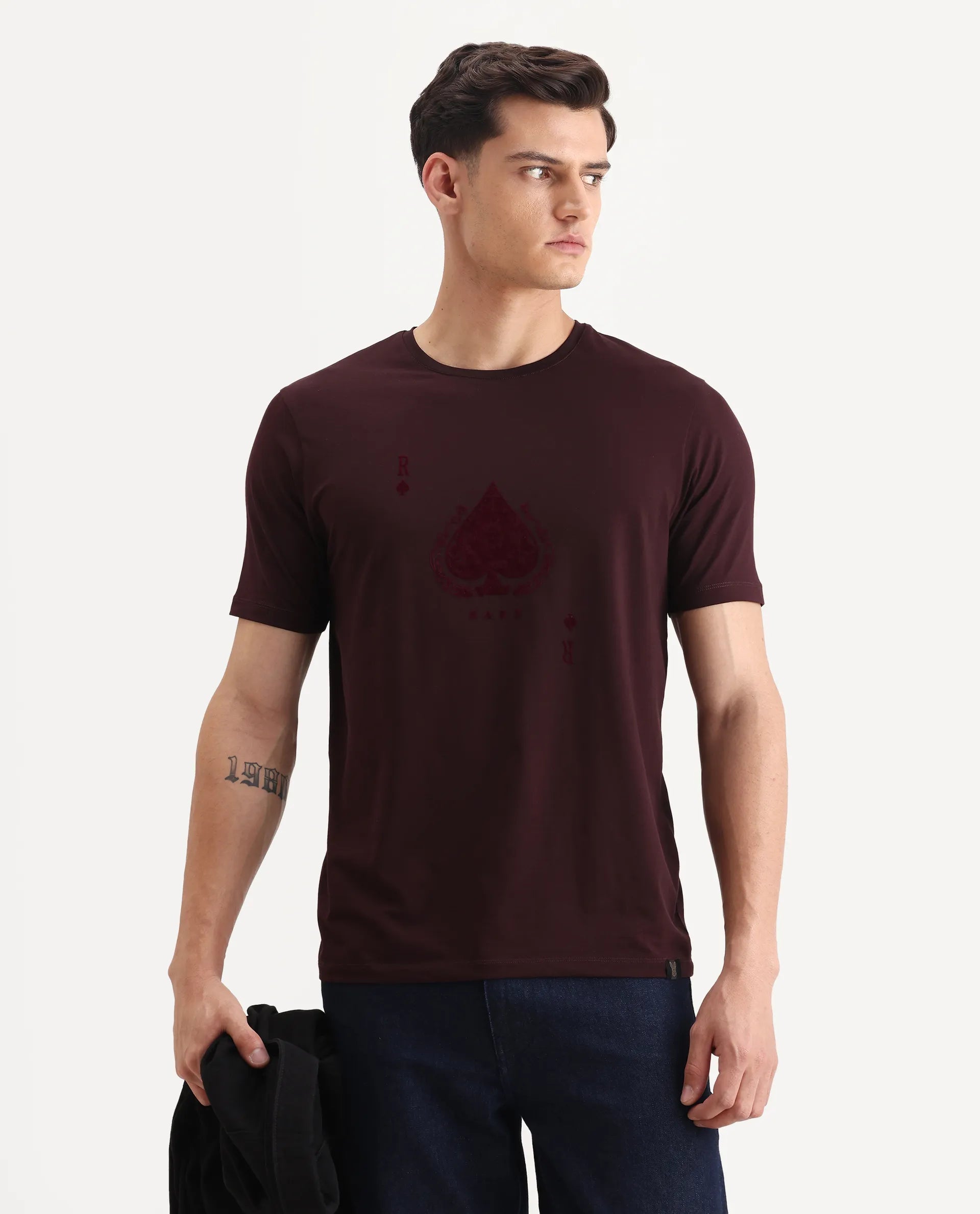 Rare Rabbit Men's Kios Dark Brown Cotton Blend Graphic Print Regular Fit Half Sleeve Crew Neck T-Shirt