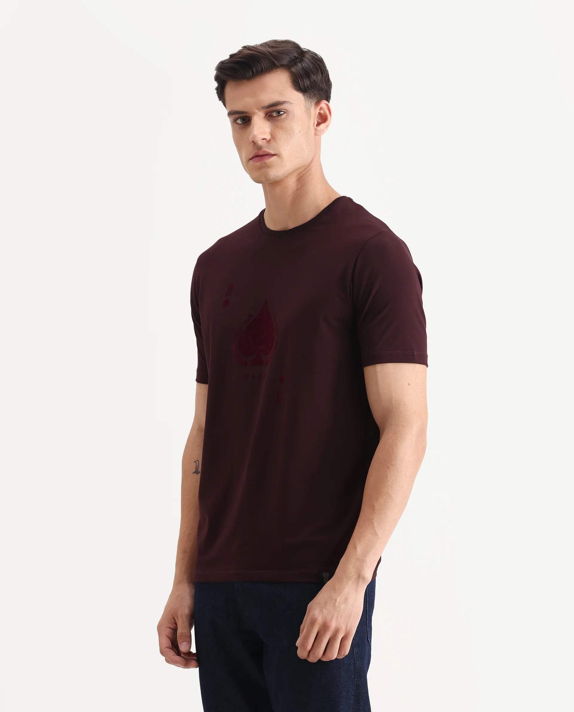 Rare Rabbit Men's Kios Dark Brown Cotton Blend Graphic Print Regular Fit Half Sleeve Crew Neck T-Shirt