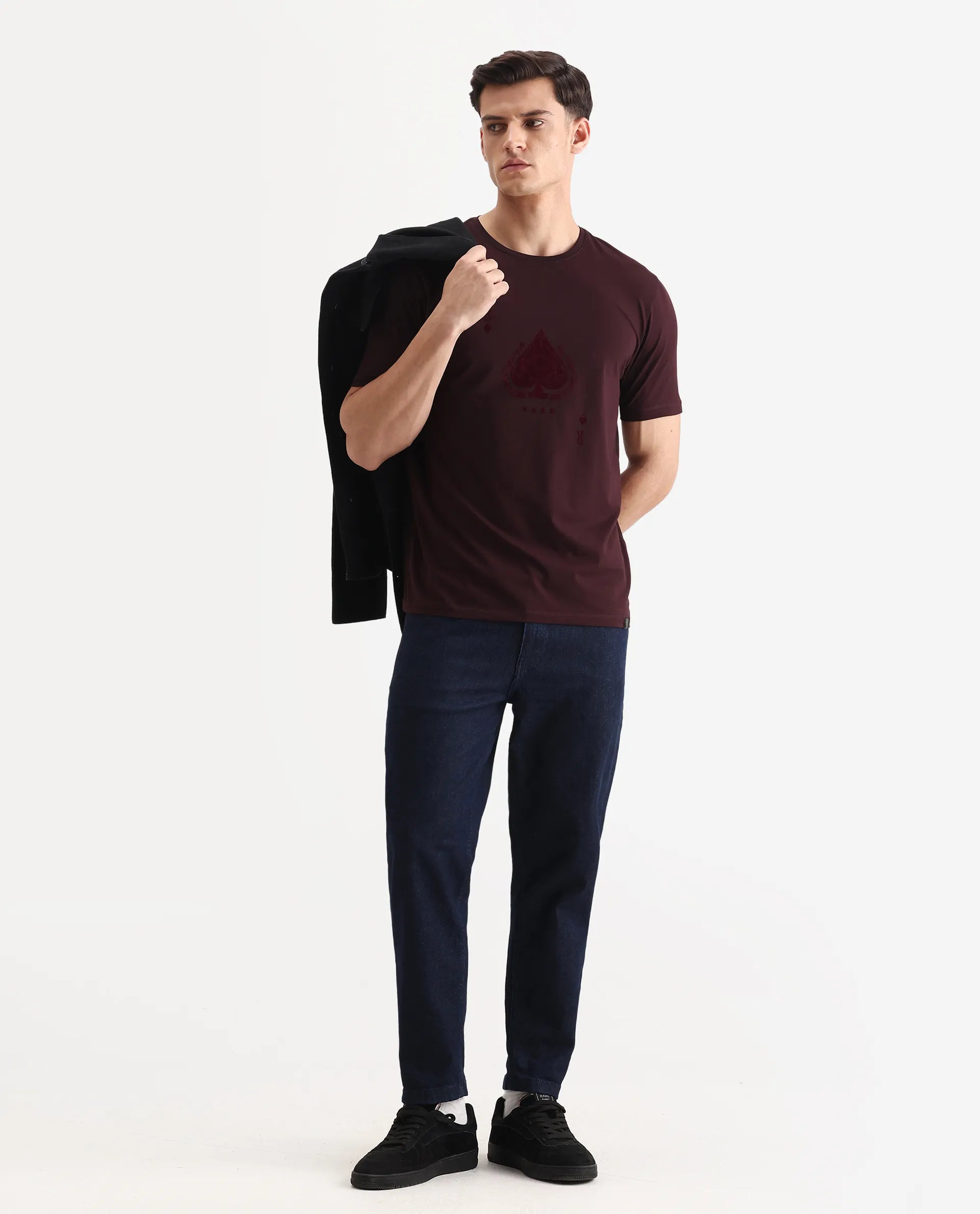 Rare Rabbit Men's Kios Dark Brown Cotton Blend Graphic Print Regular Fit Half Sleeve Crew Neck T-Shirt