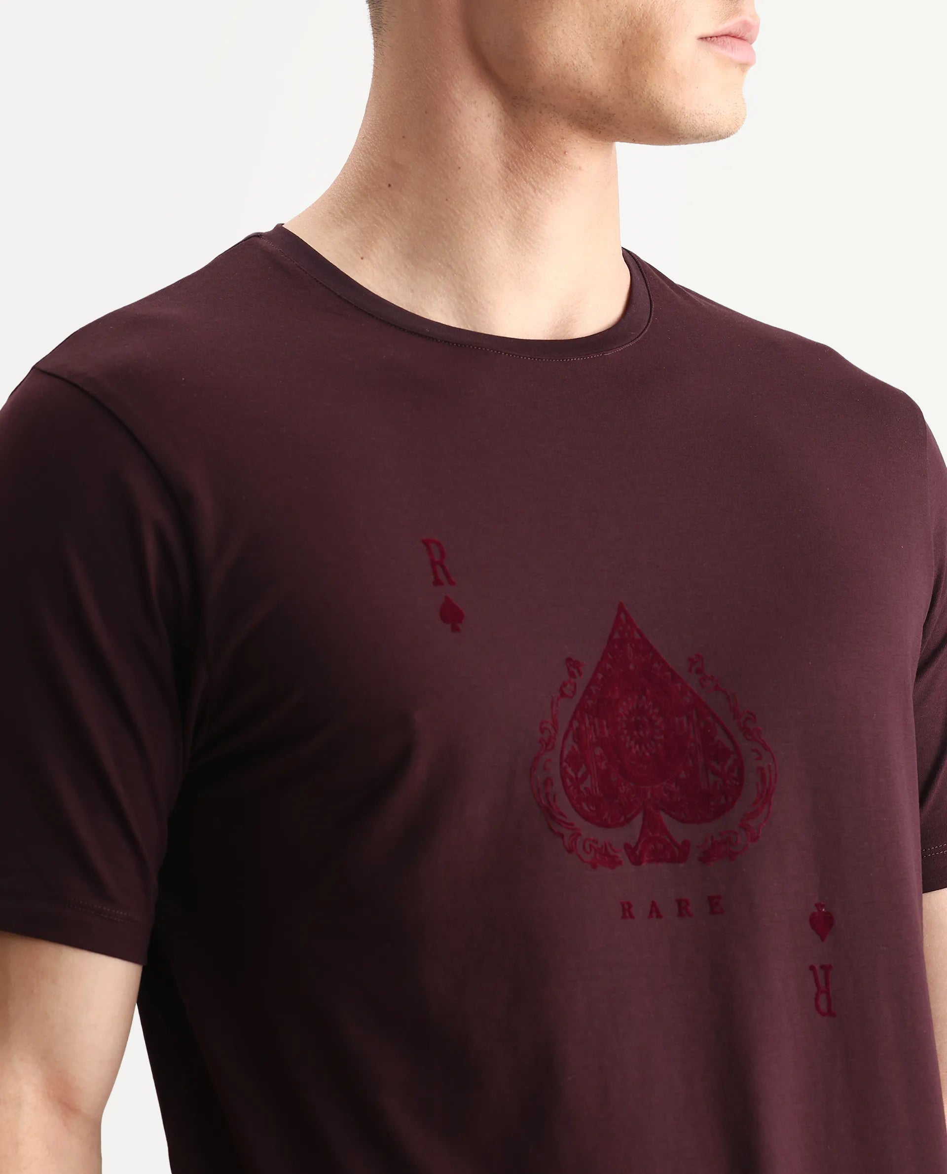 Rare Rabbit Men's Kios Dark Brown Cotton Blend Graphic Print Regular Fit Half Sleeve Crew Neck T-Shirt