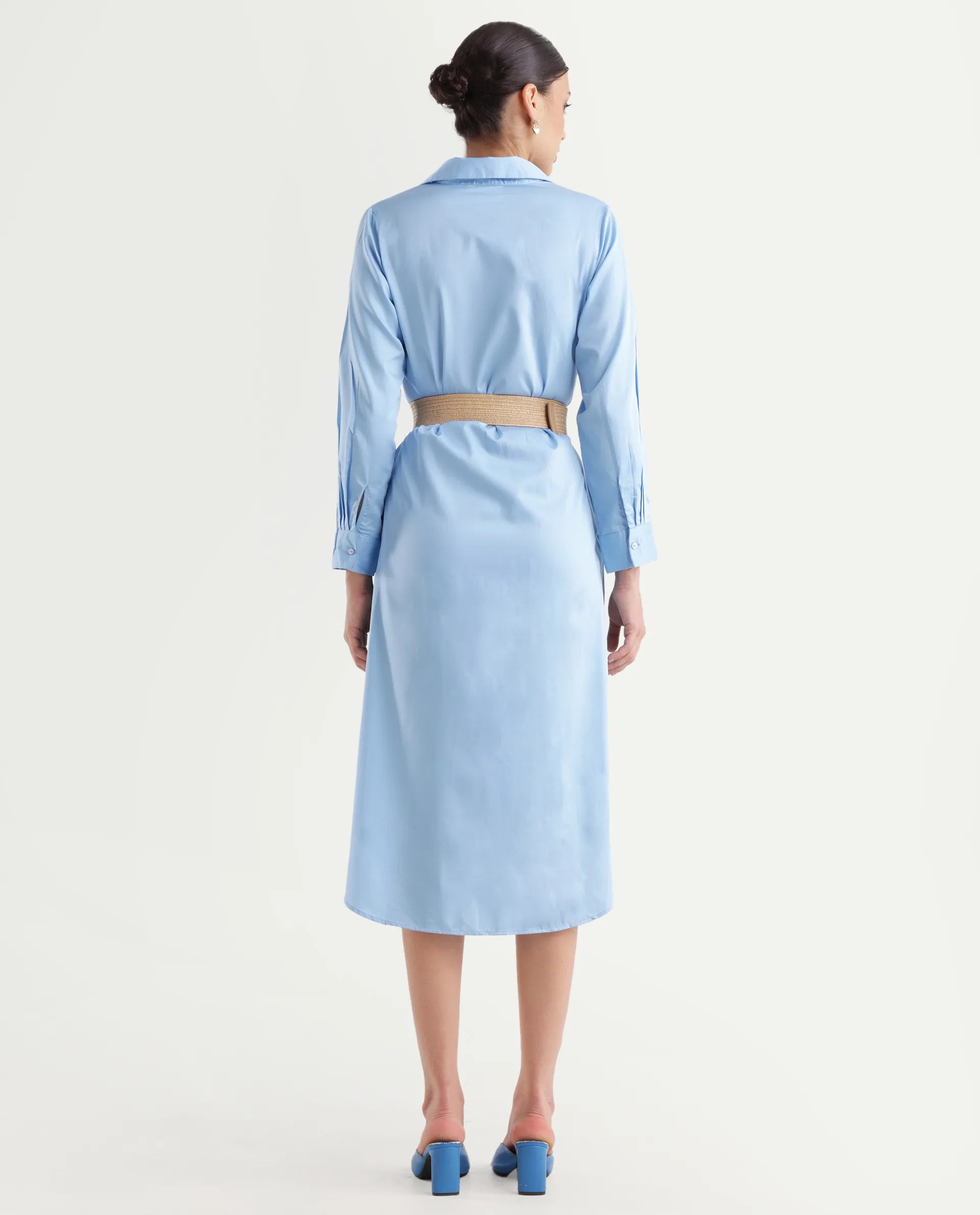 Rareism Women's Kiril Light Blue Cotton Johnny Collar Plain Cuffed Sleeve Midi Relaxed Fit Dress