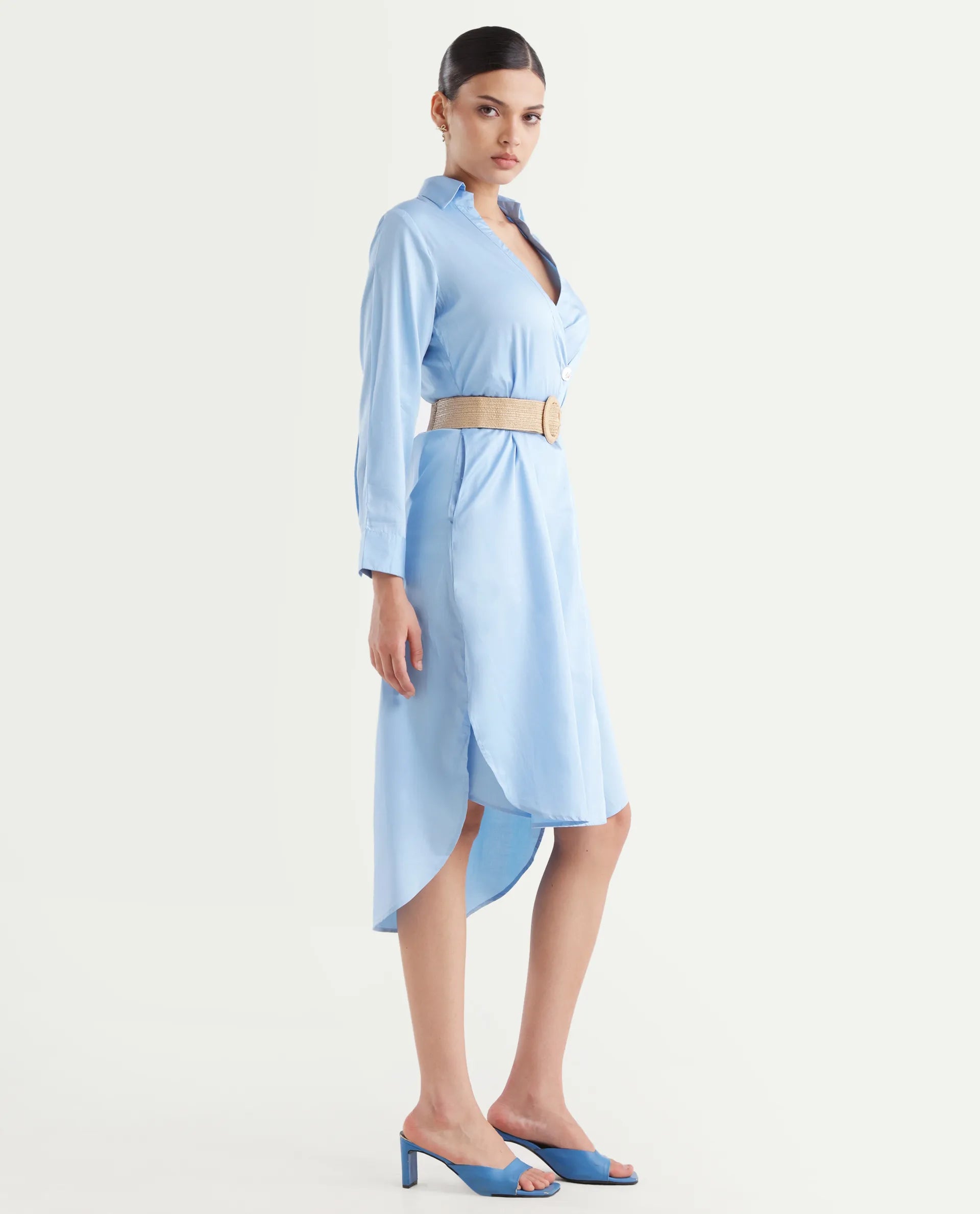 Rareism Women's Kiril Light Blue Cotton Johnny Collar Plain Cuffed Sleeve Midi Relaxed Fit Dress