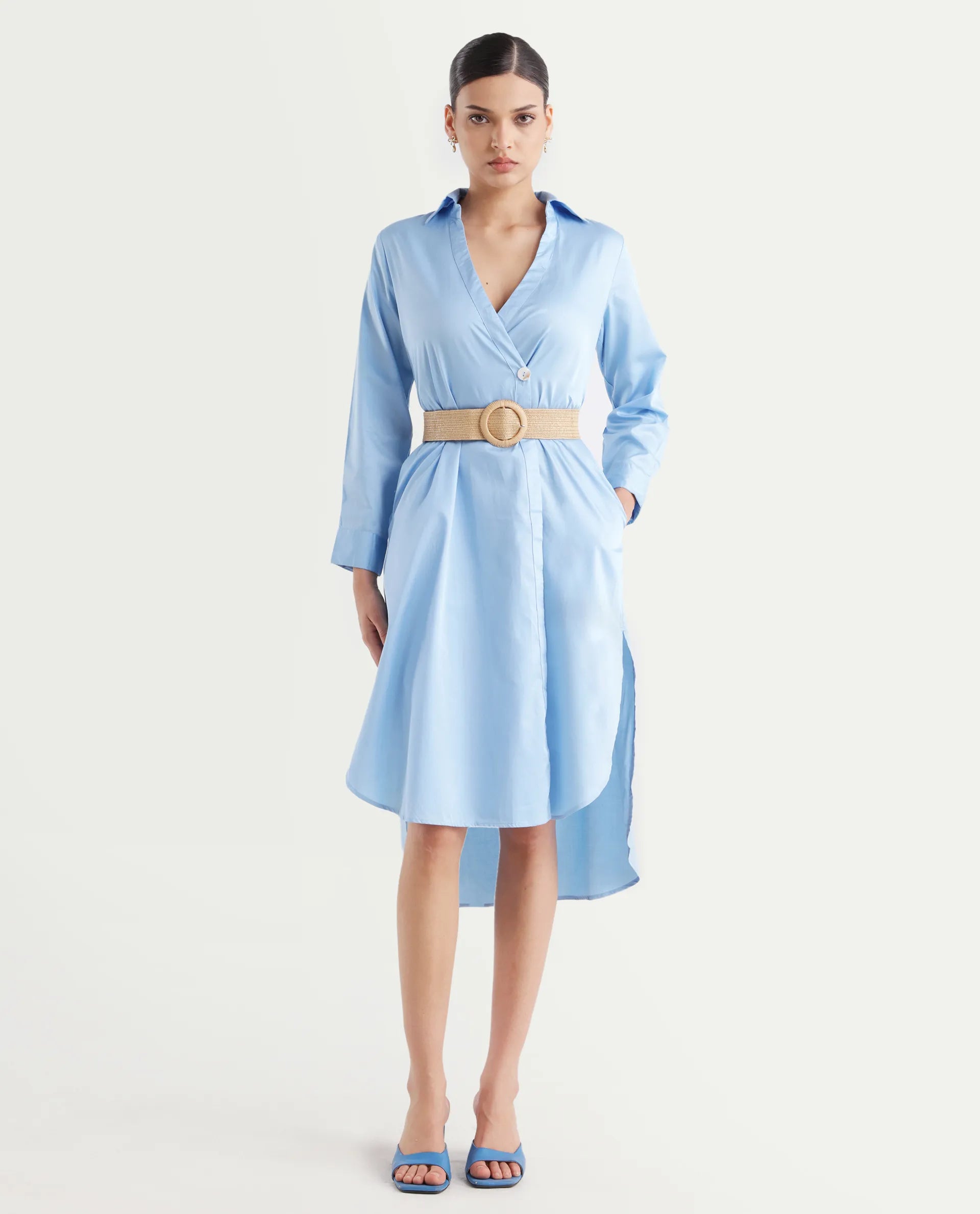 Rareism Women's Kiril Light Blue Cotton Johnny Collar Plain Cuffed Sleeve Midi Relaxed Fit Dress