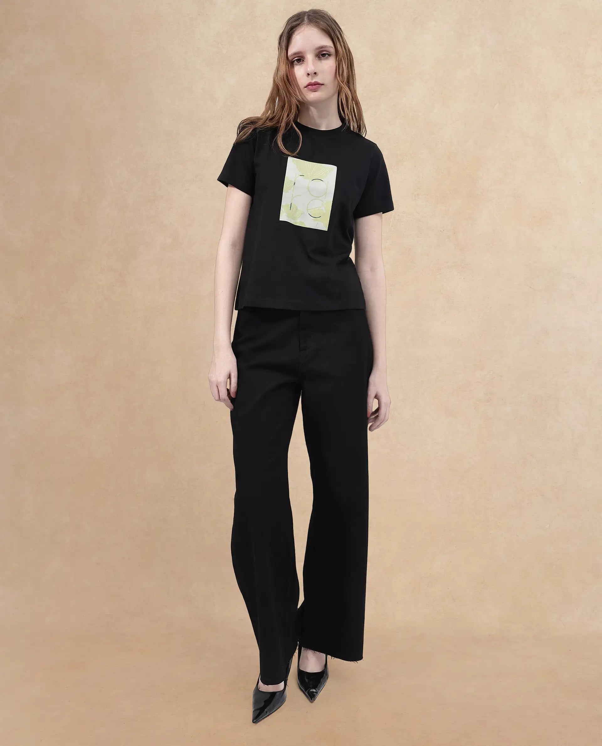 Rareism Women's Kirk Black Cotton Blend Crew Neck Graphic Print Regular Fit T-Shirt