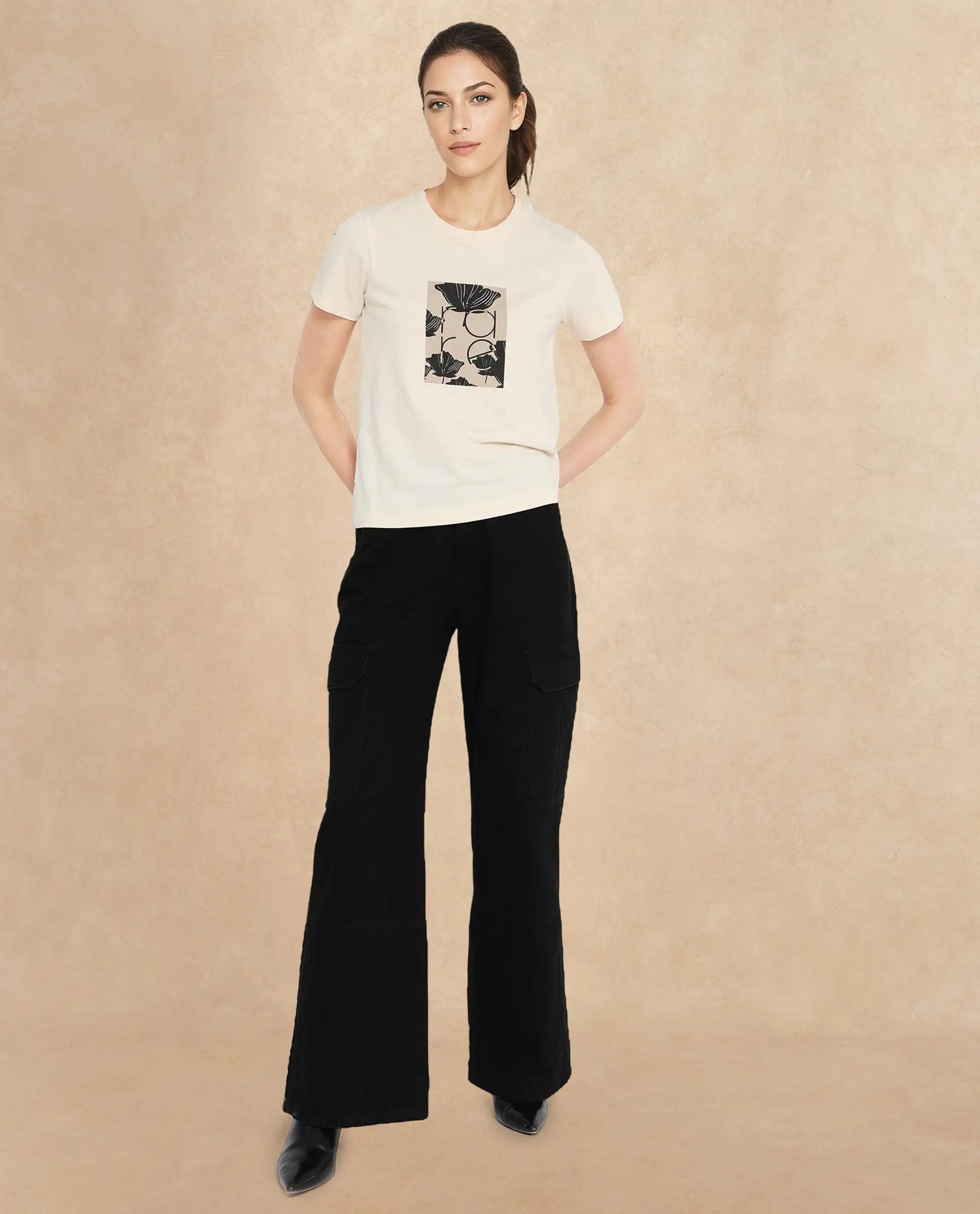 Rareism Women Kirk Light Beige Cotton Poly Fabric Short Sleeve Crew Neck Solid T-Shirt