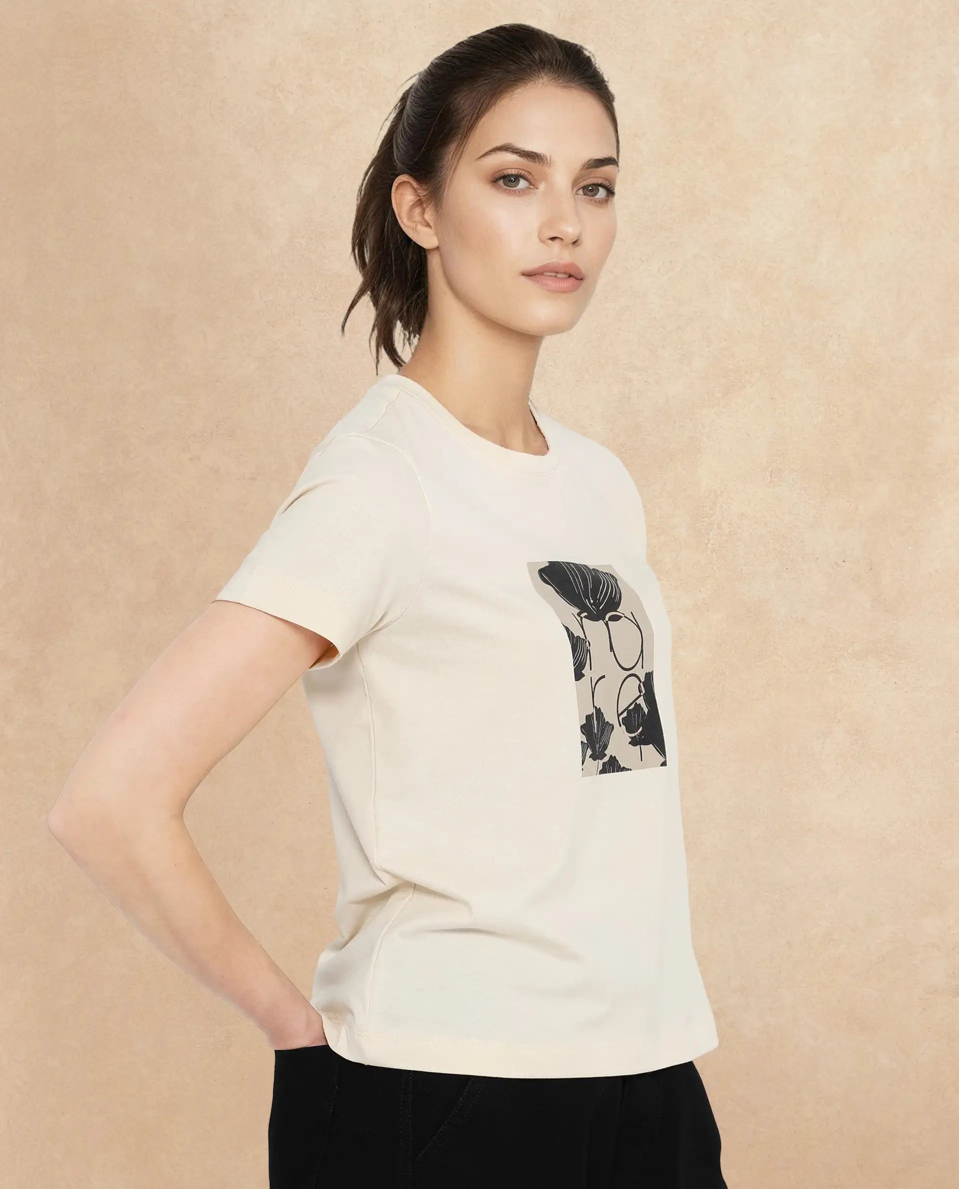 Rareism Women Kirk Light Beige Cotton Poly Fabric Short Sleeve Crew Neck Solid T-Shirt