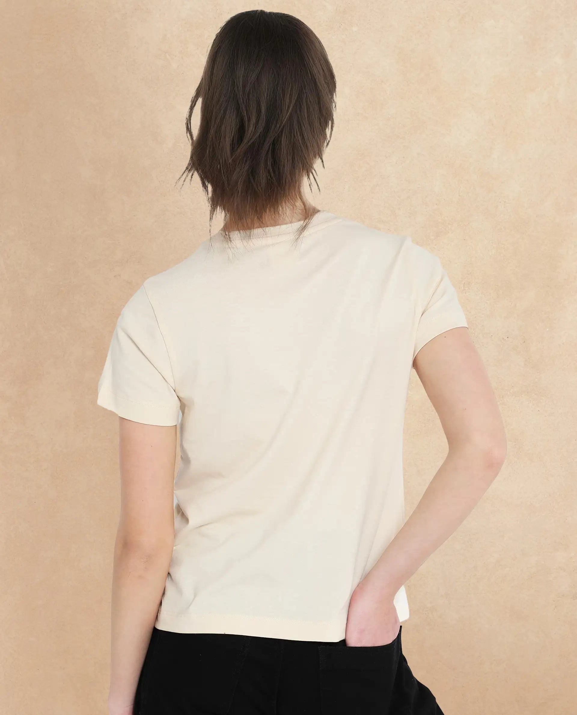 Rareism Women Kirk Light Beige Cotton Poly Fabric Short Sleeve Crew Neck Solid T-Shirt