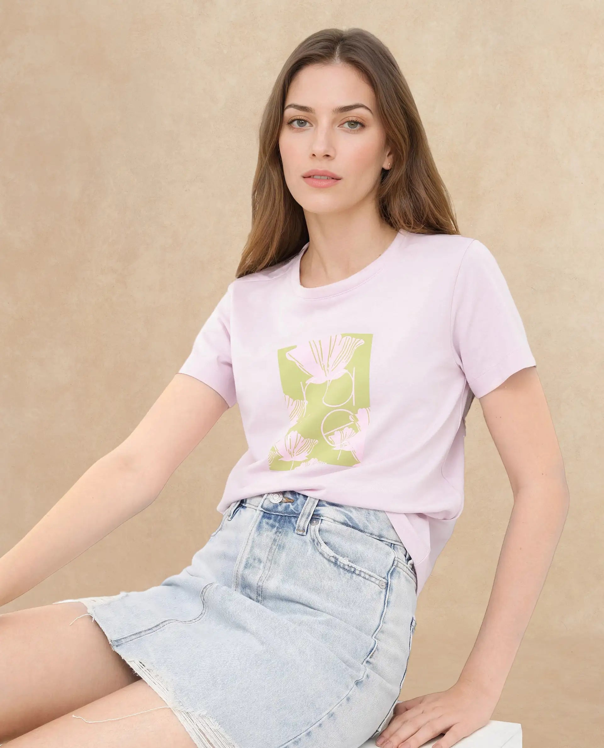 Rareism Women's Kirk Pink Cotton Crew Neck Graphic Print Regular Fit T-Shirt