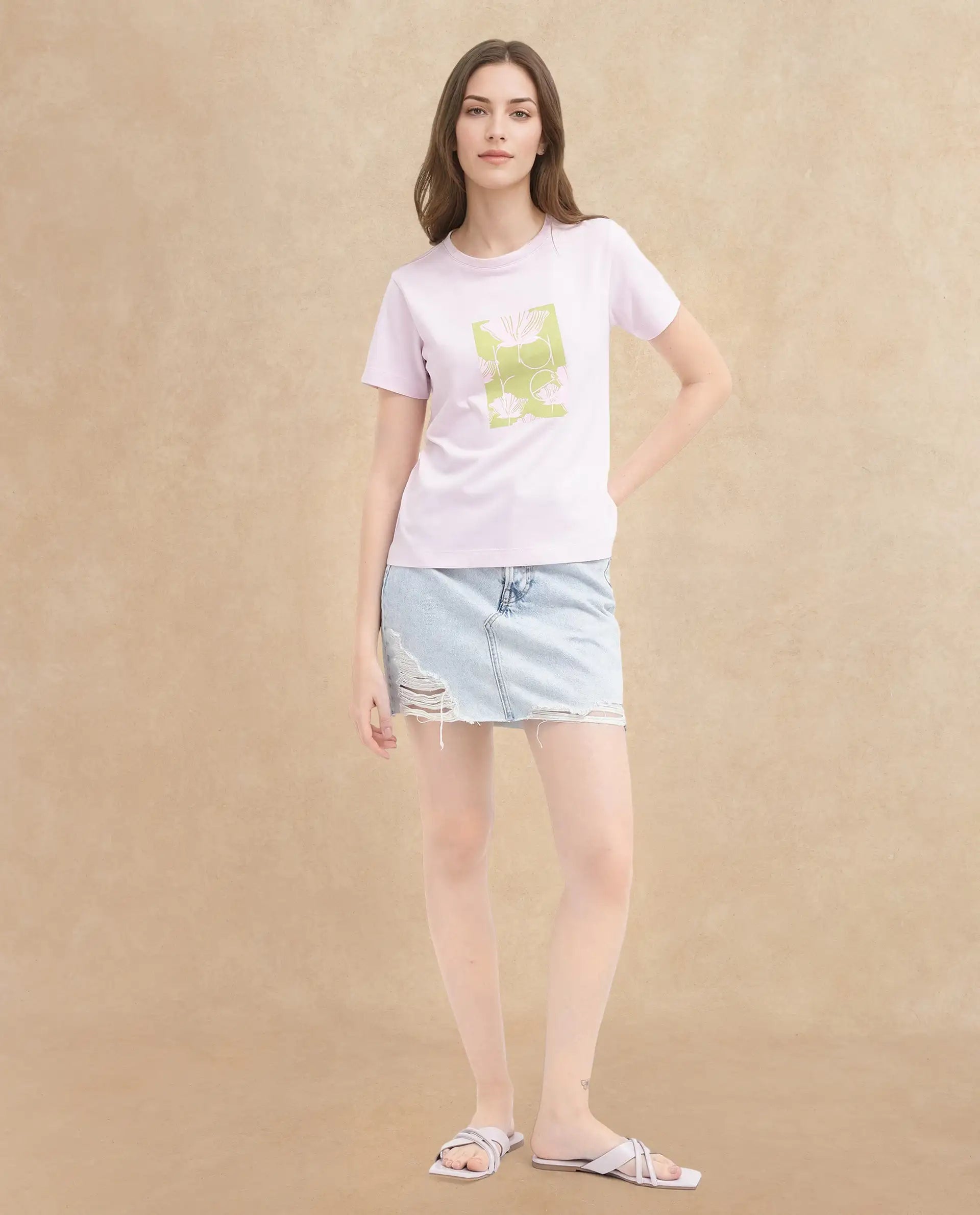 Rareism Women's Kirk Pink Cotton Crew Neck Graphic Print Regular Fit T-Shirt