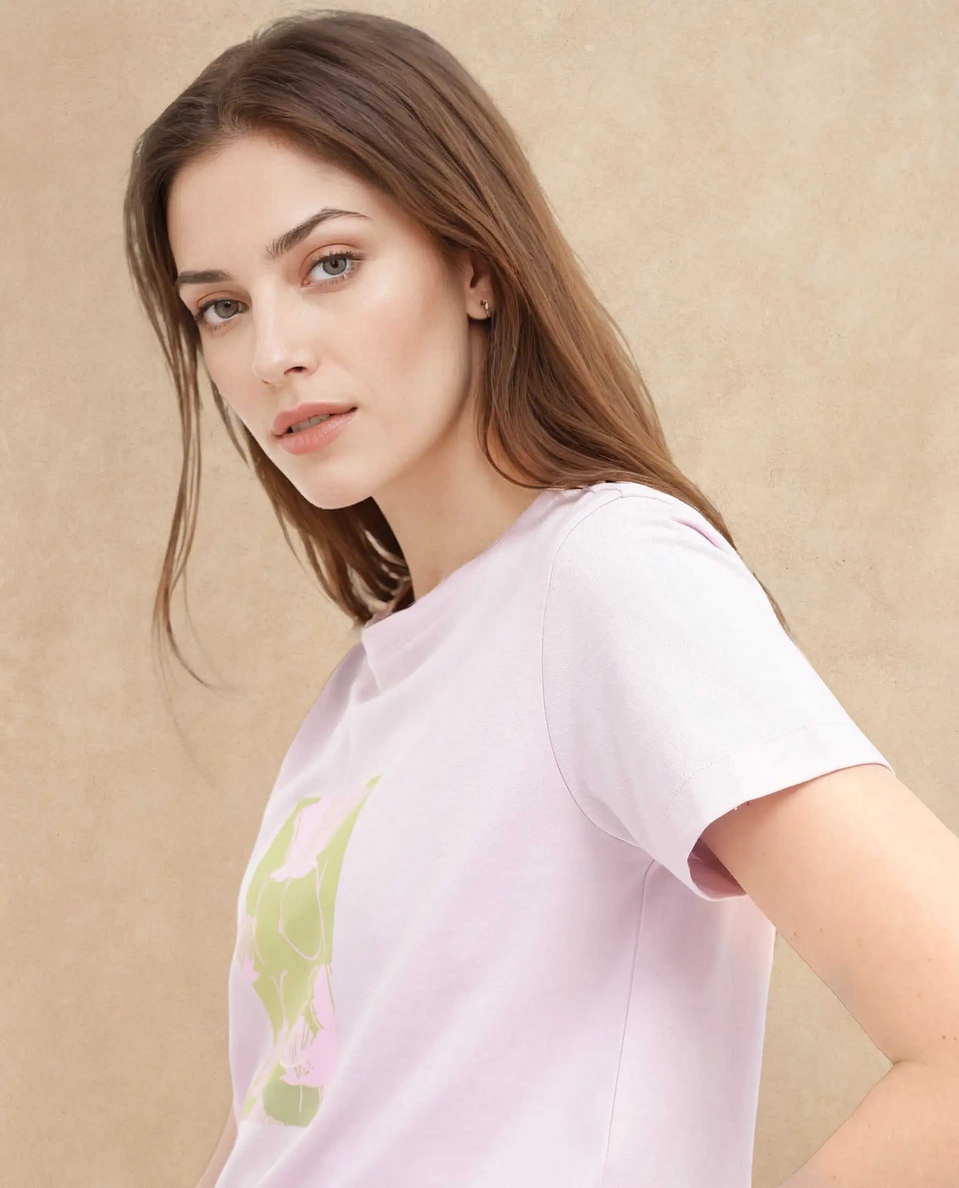 Rareism Women's Kirk Pink Cotton Crew Neck Graphic Print Regular Fit T-Shirt