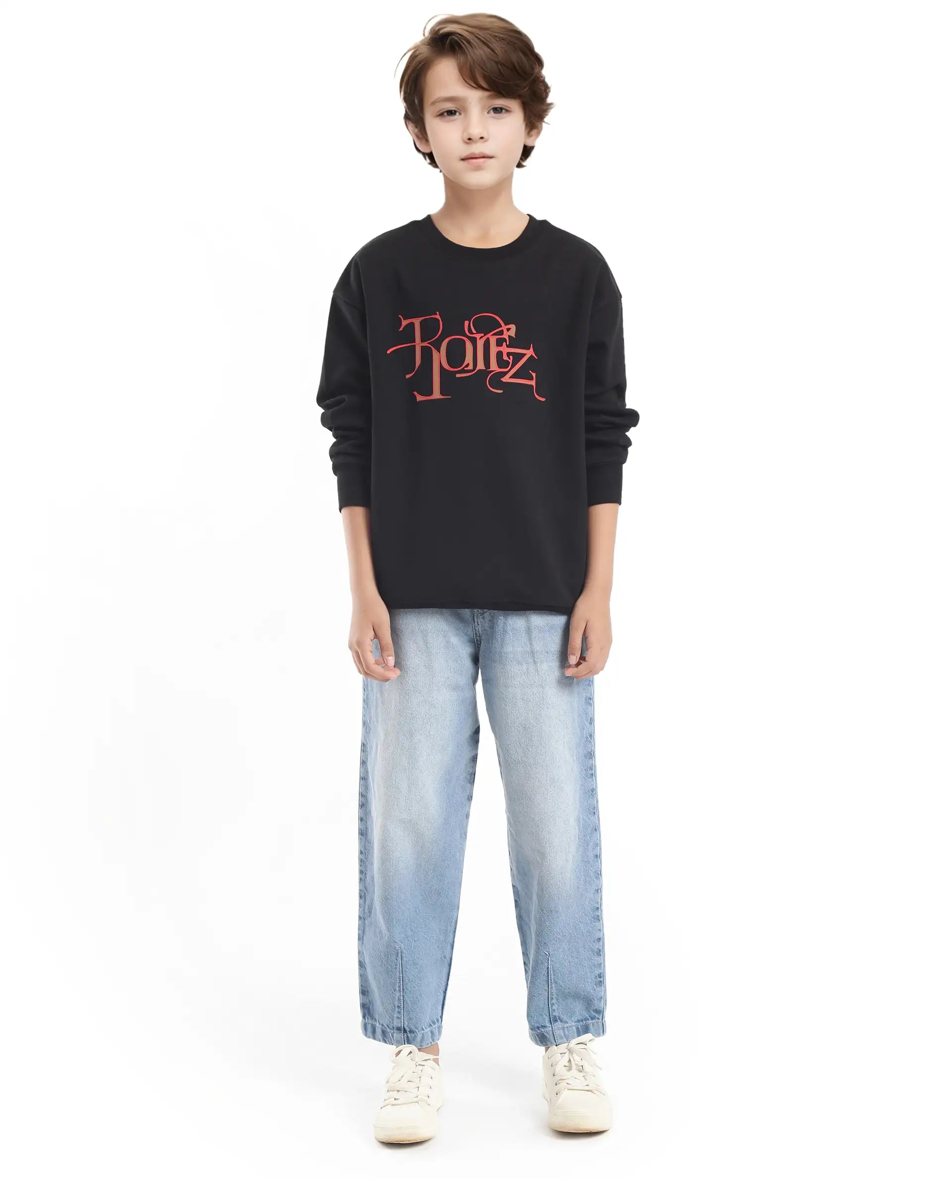 Rare Ones Kids Kiro Black Cotton Full Sleeves Crew Neck Graphic Print Sweatshirt