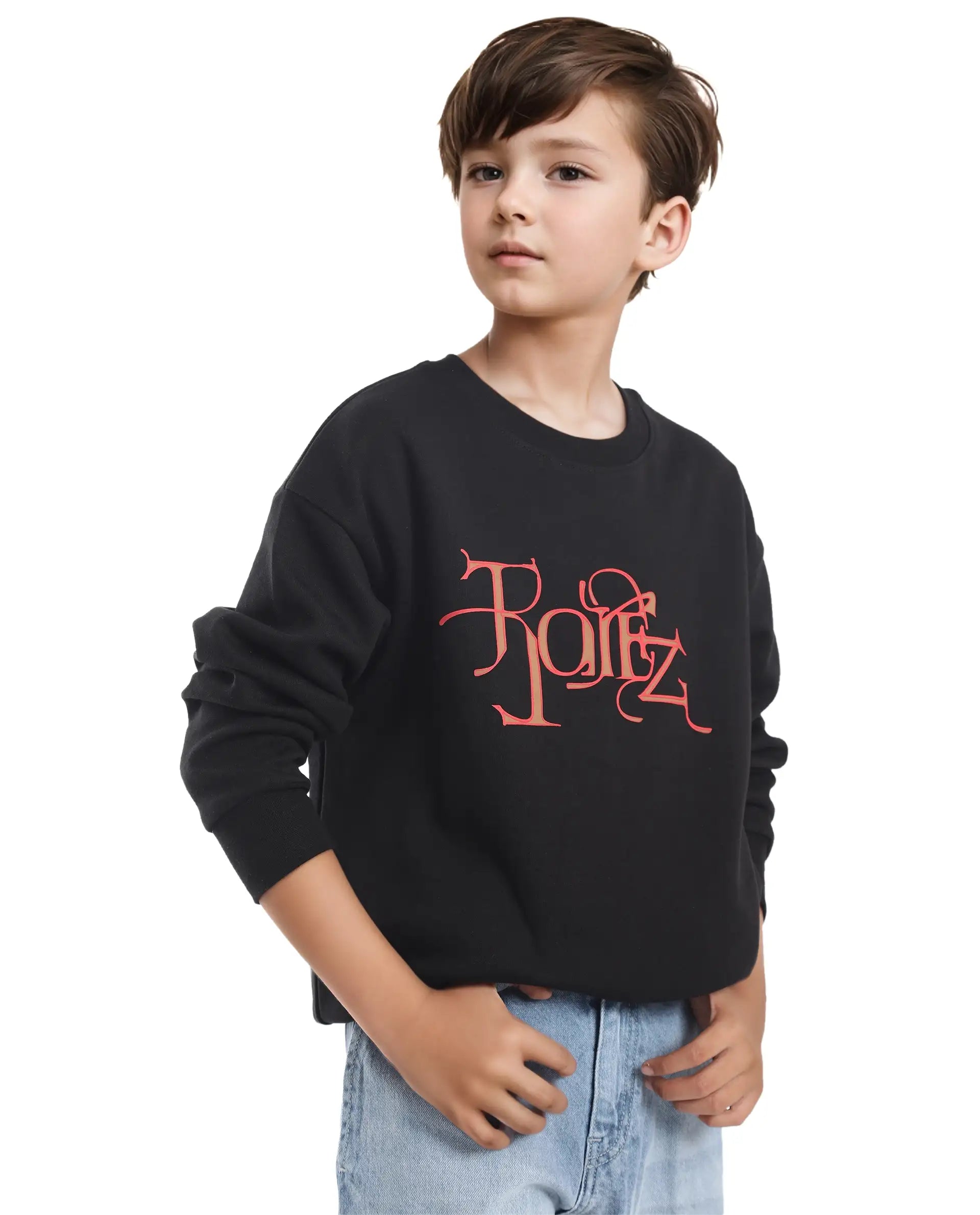 Rare Ones Kids Kiro Black Cotton Full Sleeves Crew Neck Graphic Print Sweatshirt