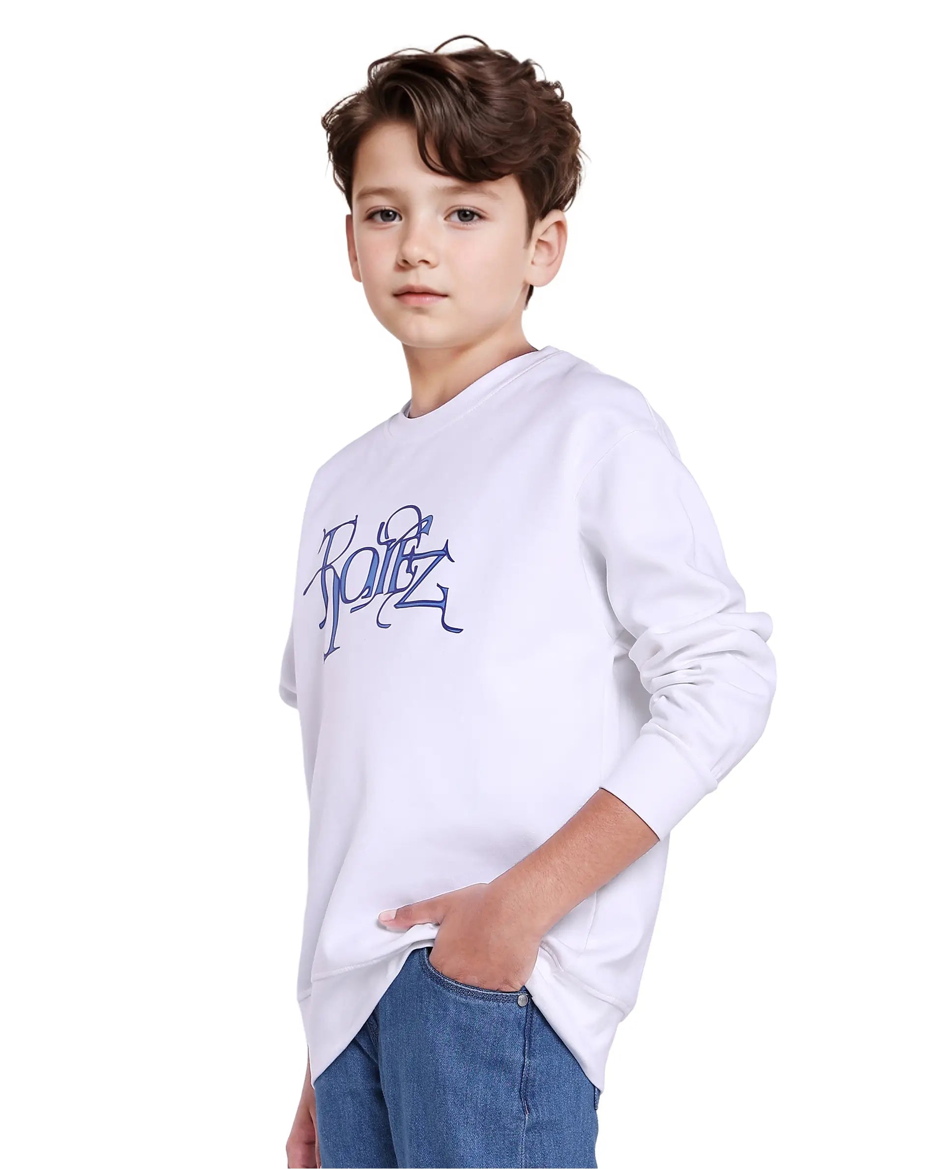 Rare Ones Kids Kiro White Cotton Full Sleeve Crew Neck HD Print Sweatshirt