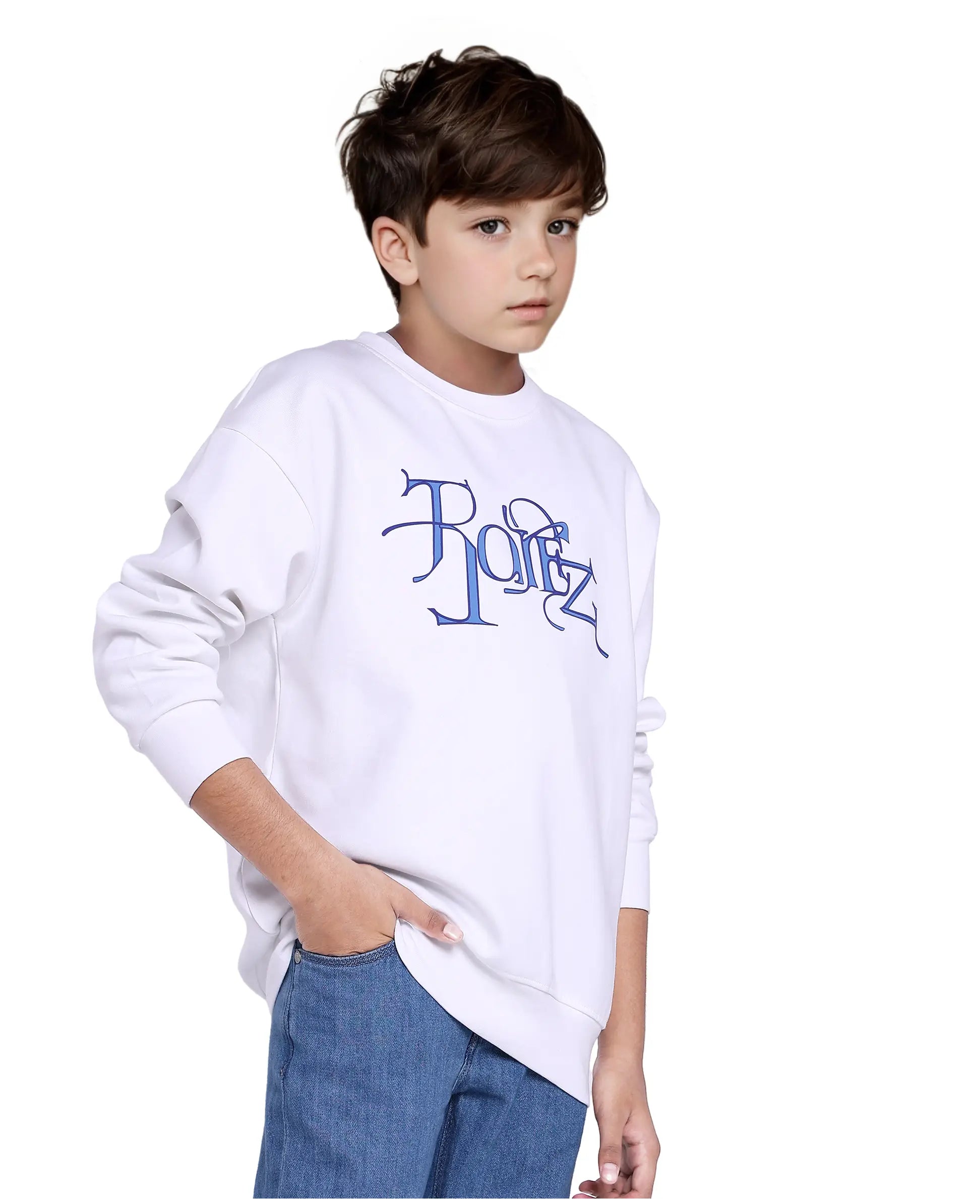 Rare Ones Kids Kiro White Cotton Full Sleeve Crew Neck HD Print Sweatshirt