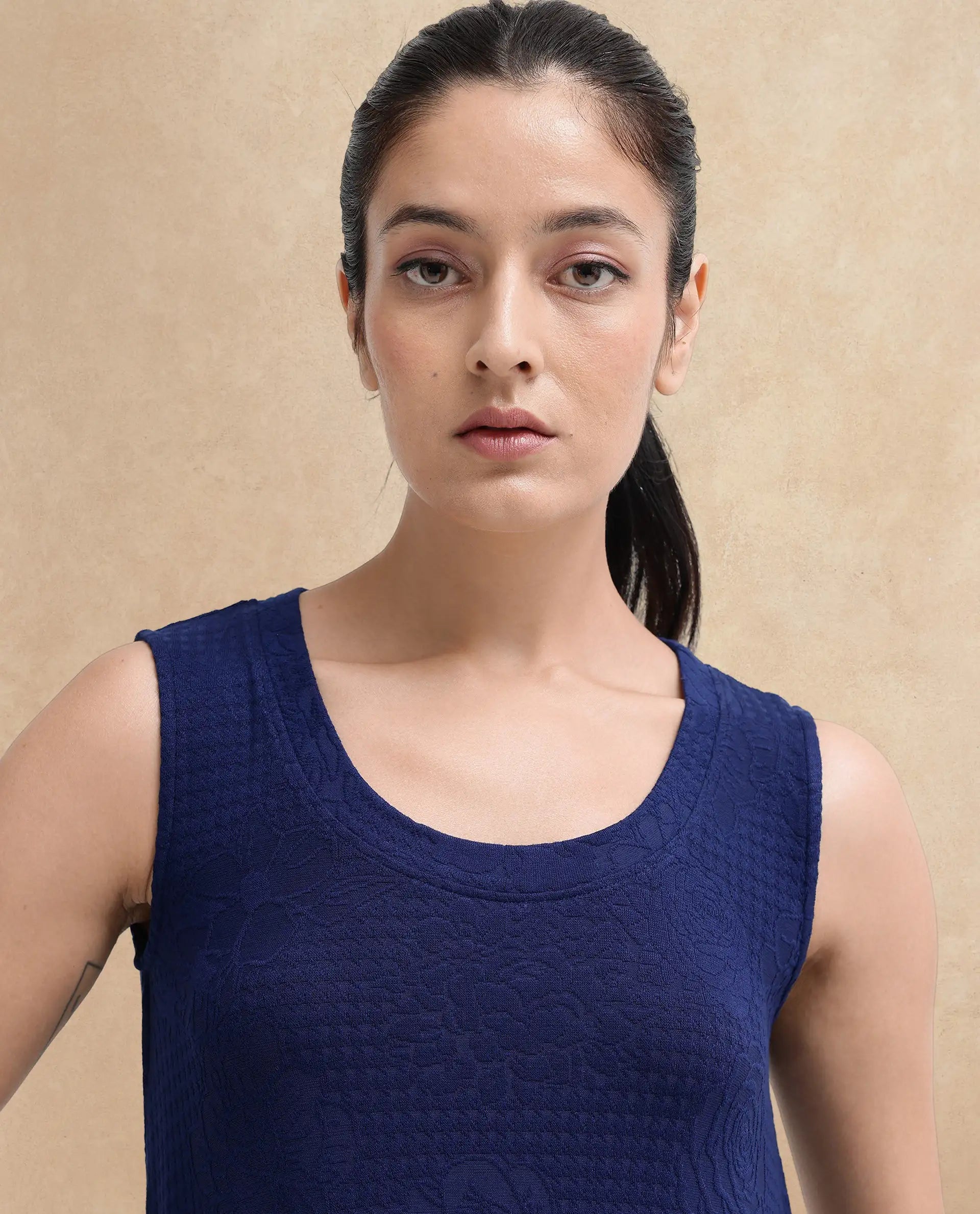 Rareism Women Kisame Dark Blue Sleeveless Crew Neck Flared Plain Midi Dress