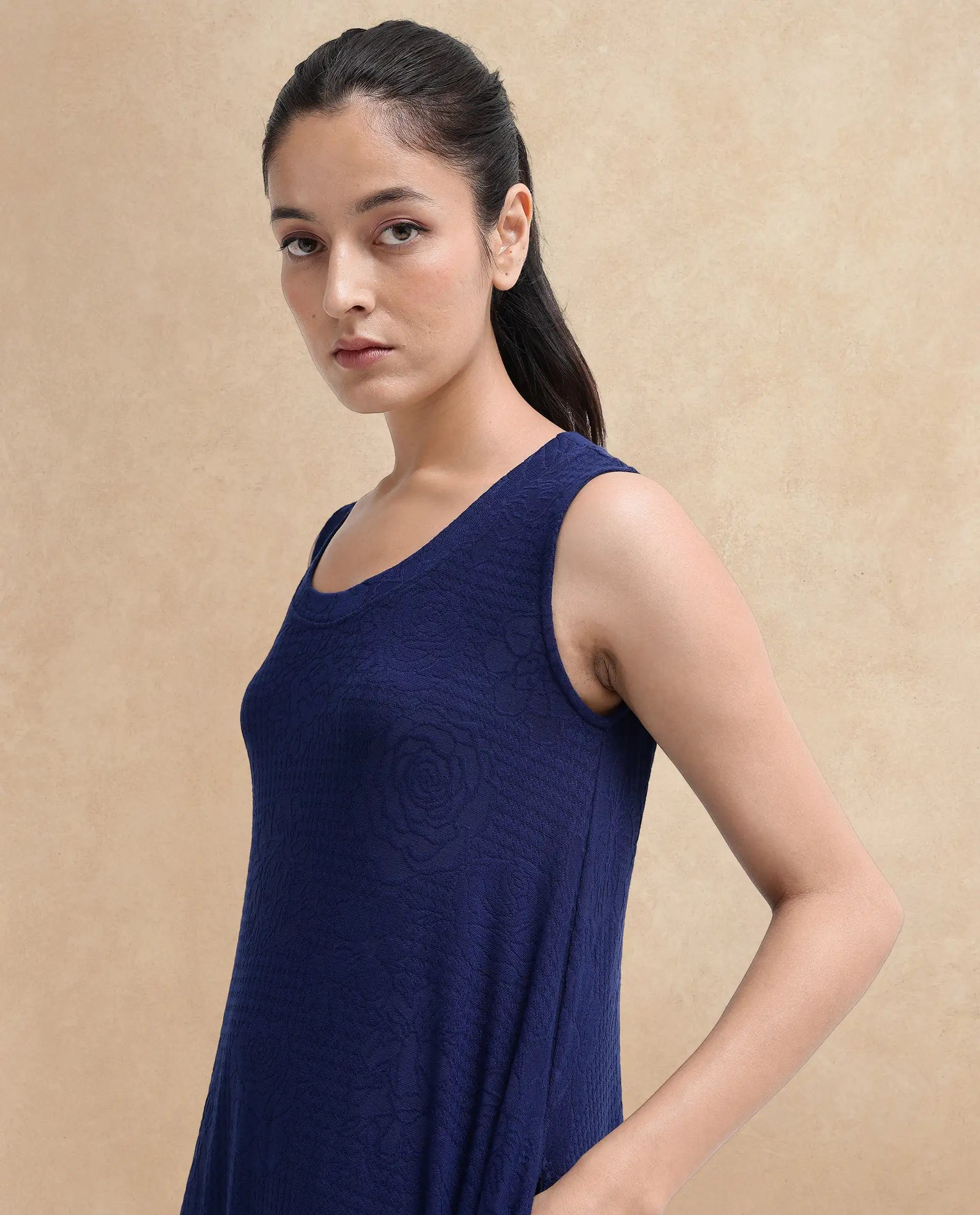 Rareism Women Kisame Dark Blue Sleeveless Crew Neck Flared Plain Midi Dress