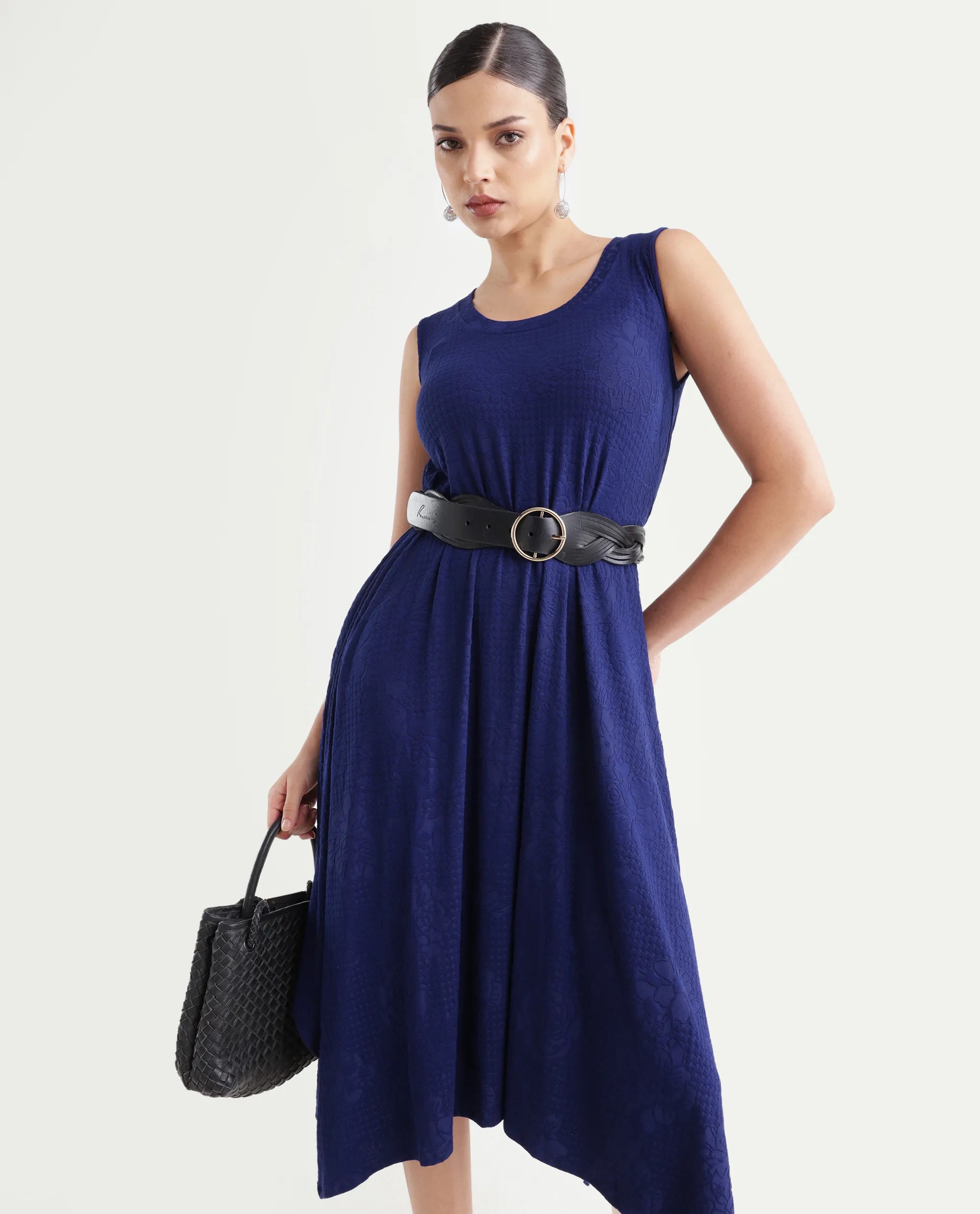 Rareism Women's Kisame Dark Blue Knit Jacquard Crew Neck Plain Sleeveless Midi Flared Dress