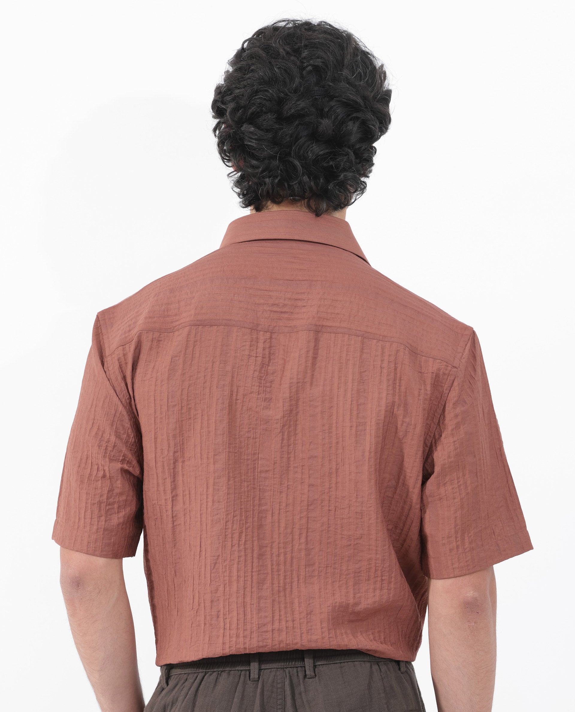 Rare Rabbit Men's Kith Dusky Rust Viscose Nylon Fabric Short Sleeves Boxy Fit Structured Stripe Shirt