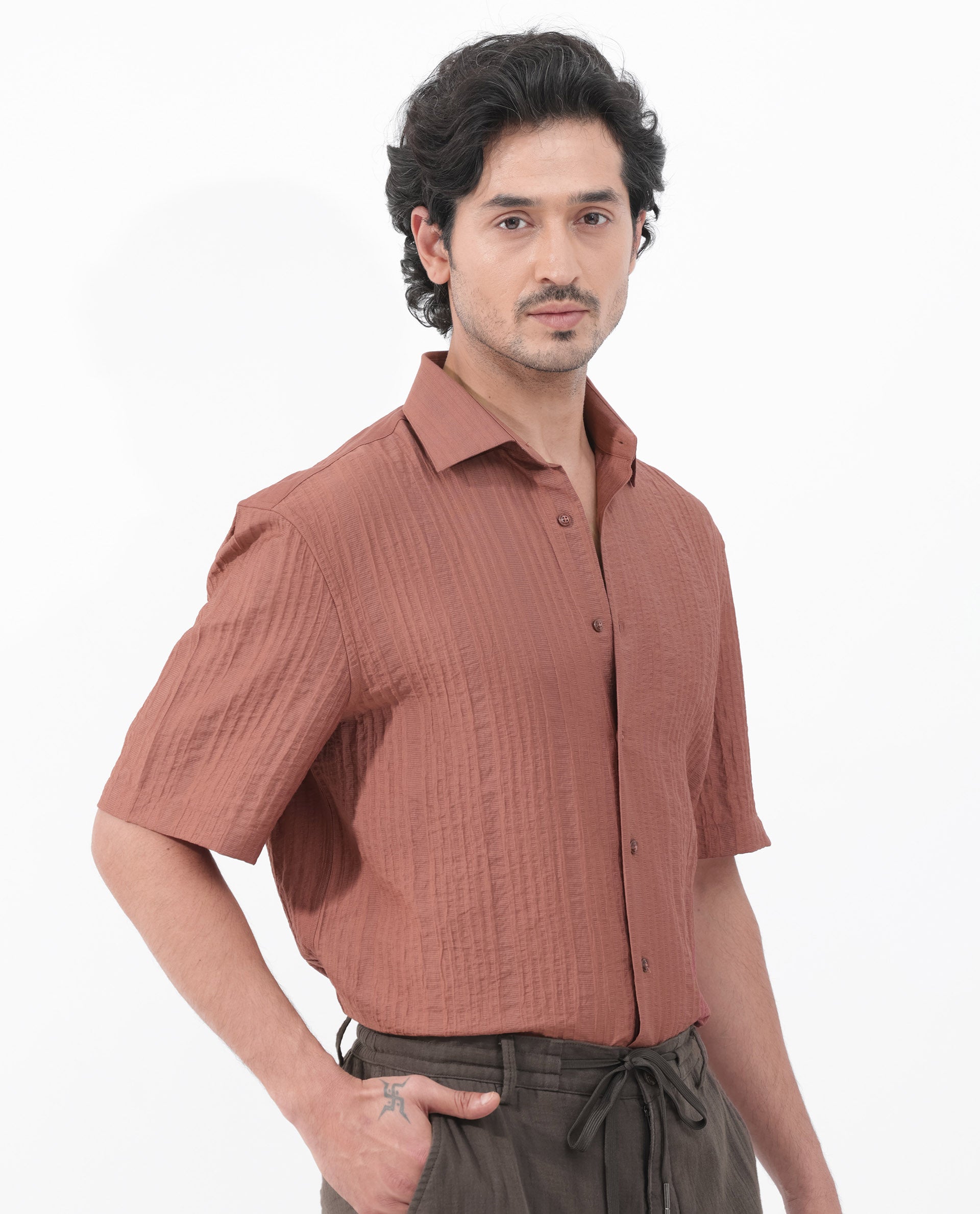 Rare Rabbit Men's Kith Dusky Rust Viscose Nylon Fabric Short Sleeves Boxy Fit Structured Stripe Shirt