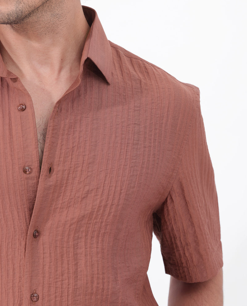 Rare Rabbit Men's Kith Dusky Rust Viscose Nylon Fabric Short Sleeves Boxy Fit Structured Stripe Shirt
