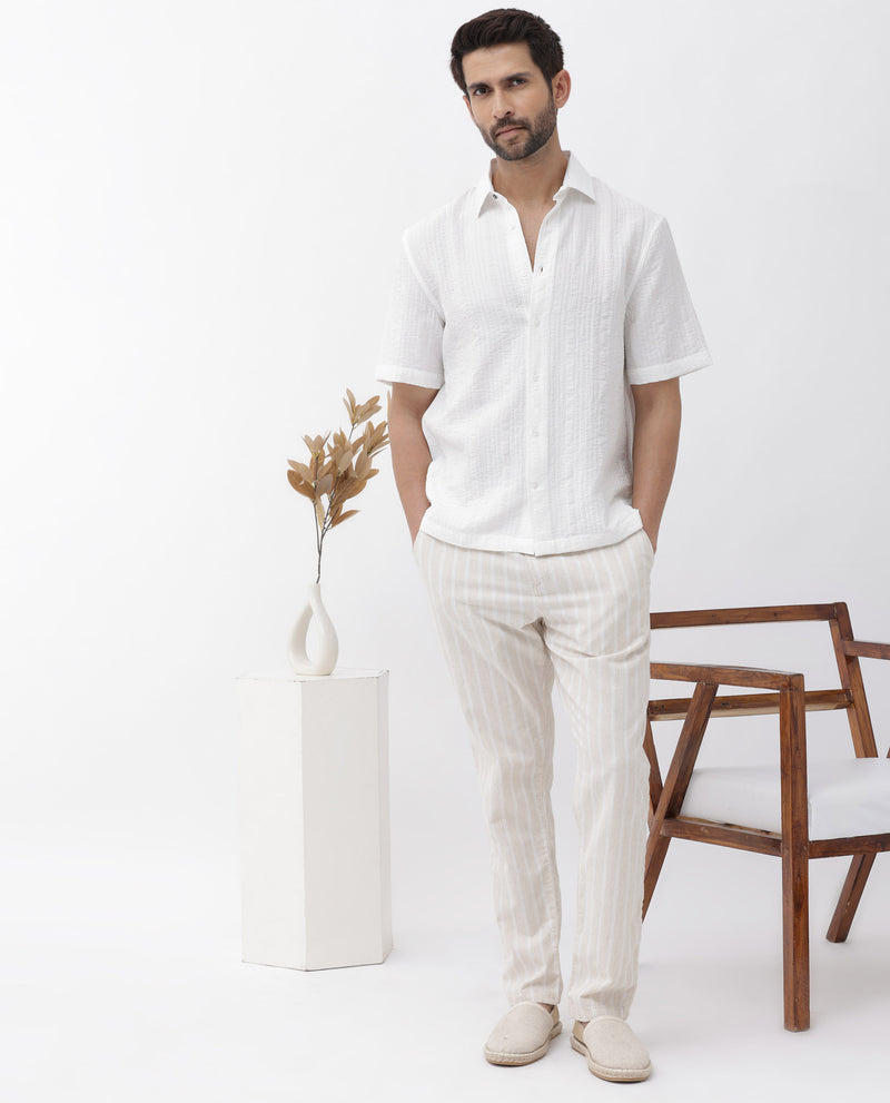 Rare Rabbit Men's Kith White Viscose Nylon Fabric Short Sleeves Boxy Fit Structured Stripe Shirt