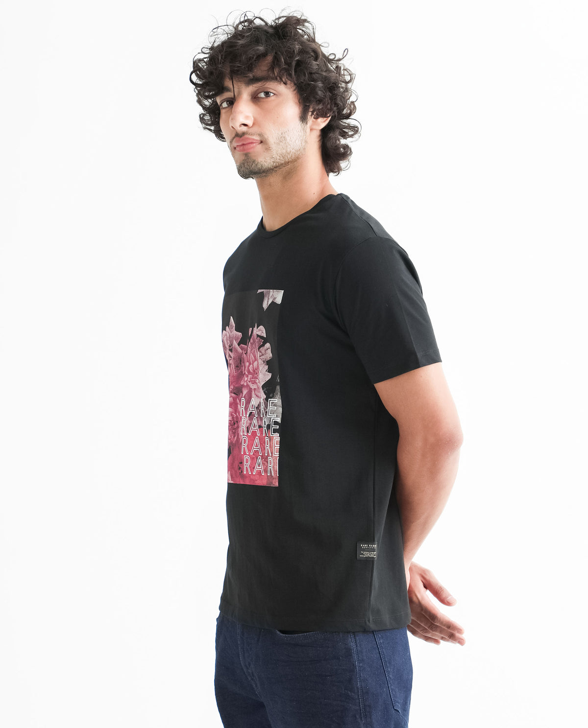 Rare Rabbit Men's Kitons Black Crew Neck Floral Discharge Print Slim Fit T-Shirt