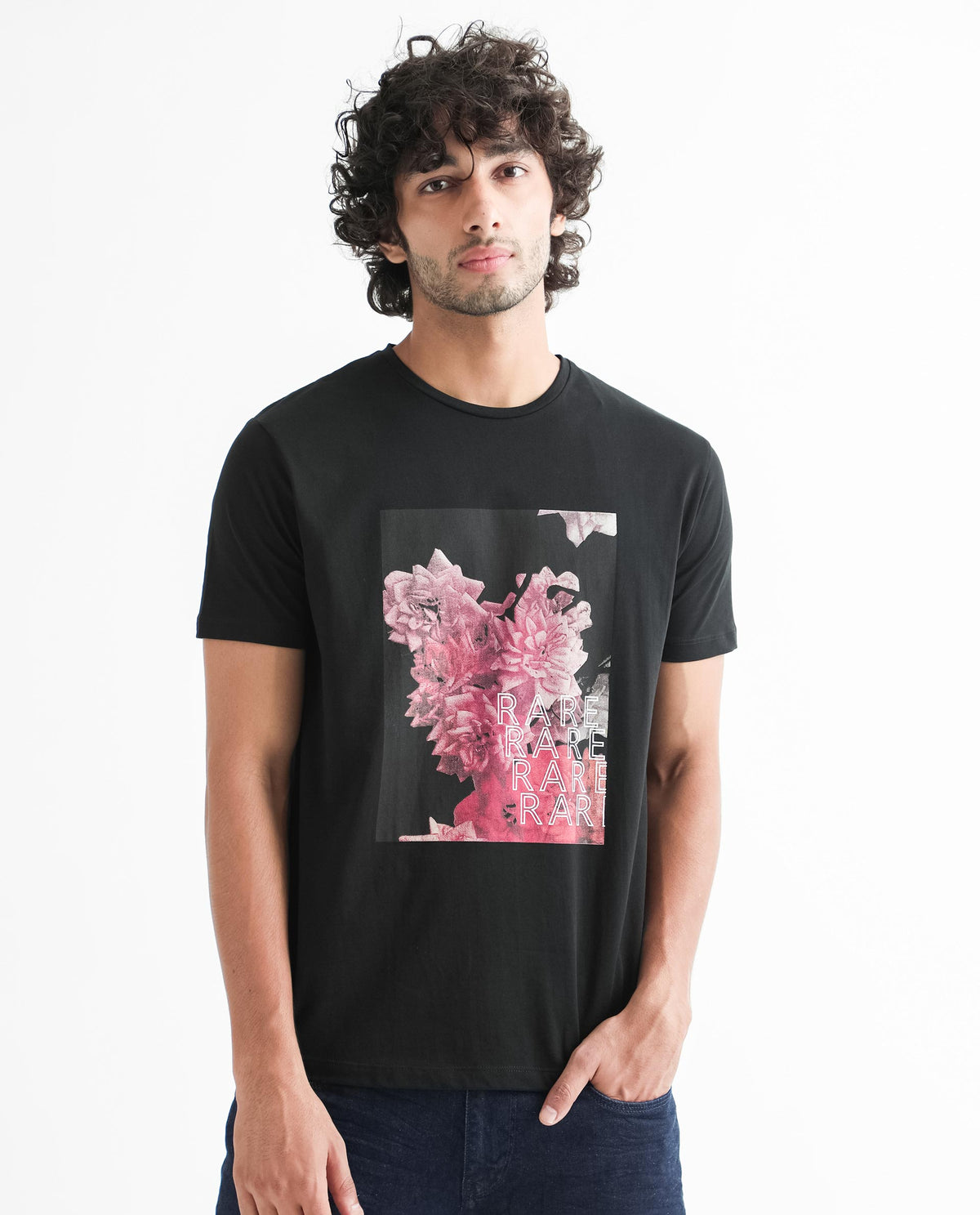 Rare Rabbit Men's Kitons Black Crew Neck Floral Discharge Print Slim Fit T-Shirt