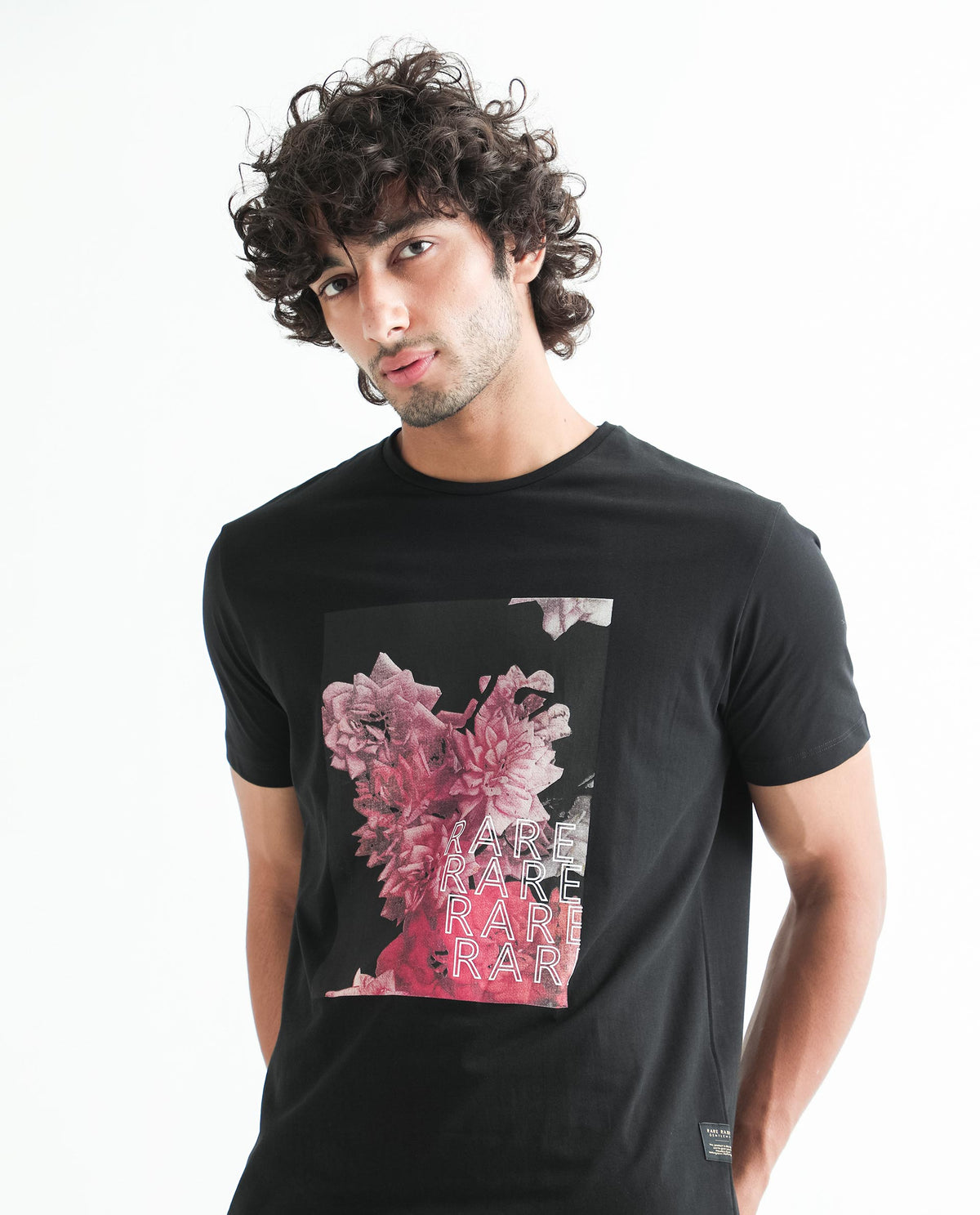 Rare Rabbit Men's Kitons Black Crew Neck Floral Discharge Print Slim Fit T-Shirt