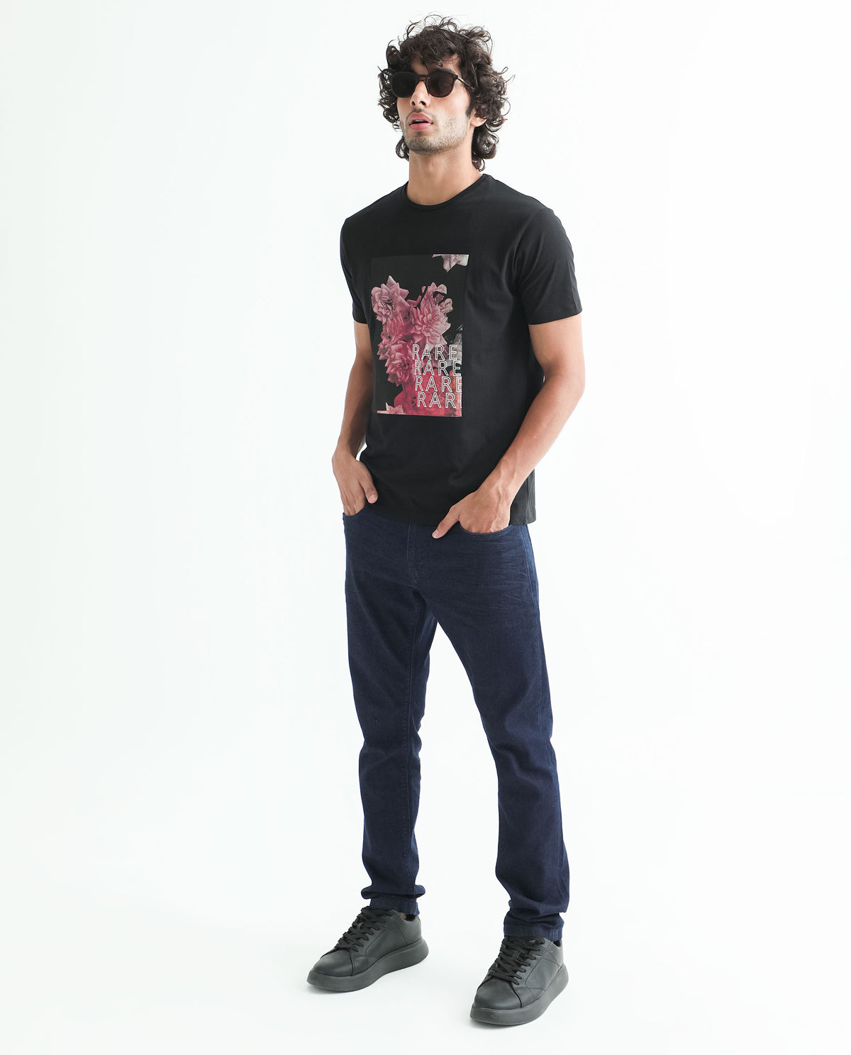 Rare Rabbit Men's Kitons Black Crew Neck Floral Discharge Print Slim Fit T-Shirt