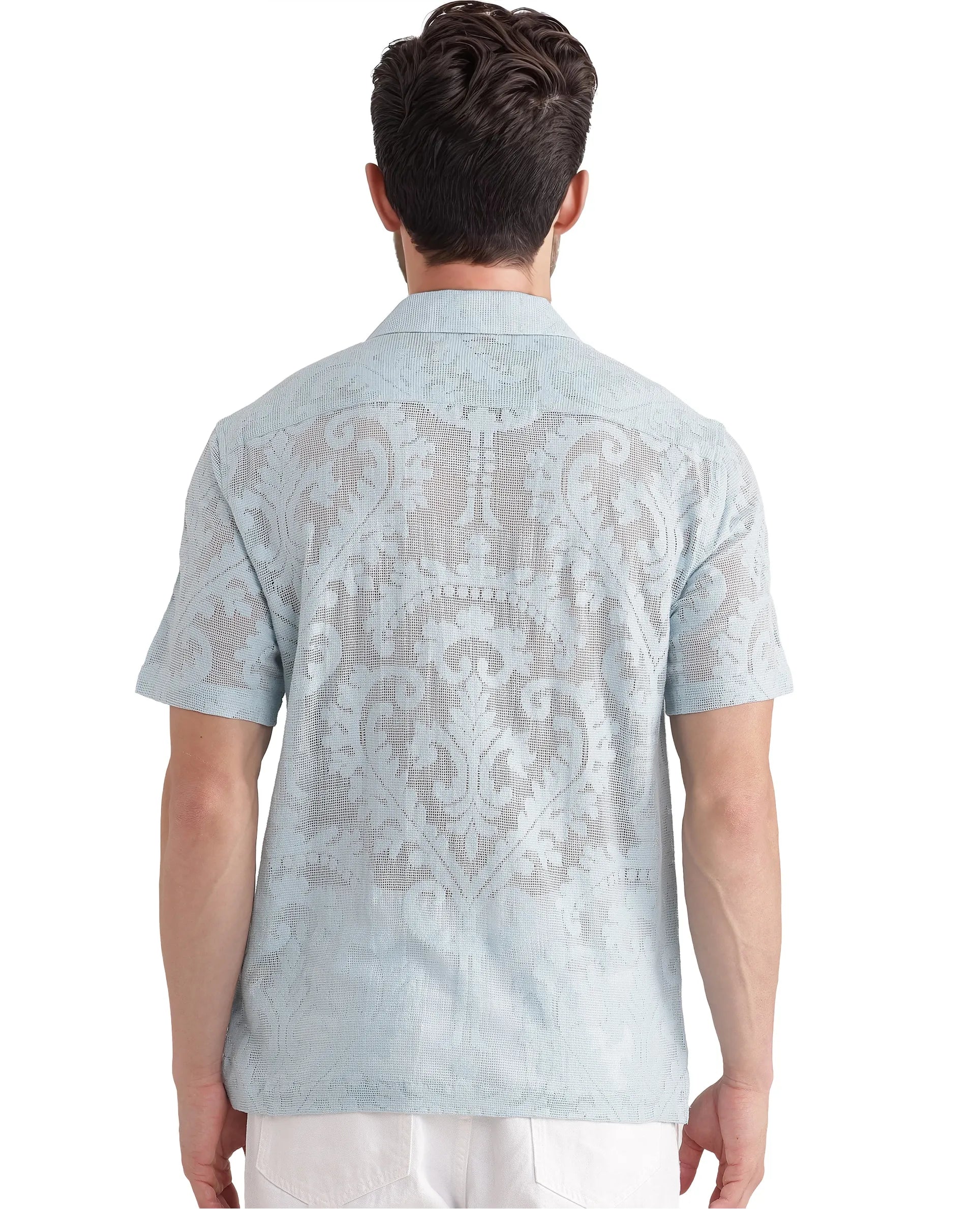 Rare Rabbit Men's Kiv Light Blue Cotton Fabric Short Sleeve Cuban Collared Knitted Floral Sheer Shirt