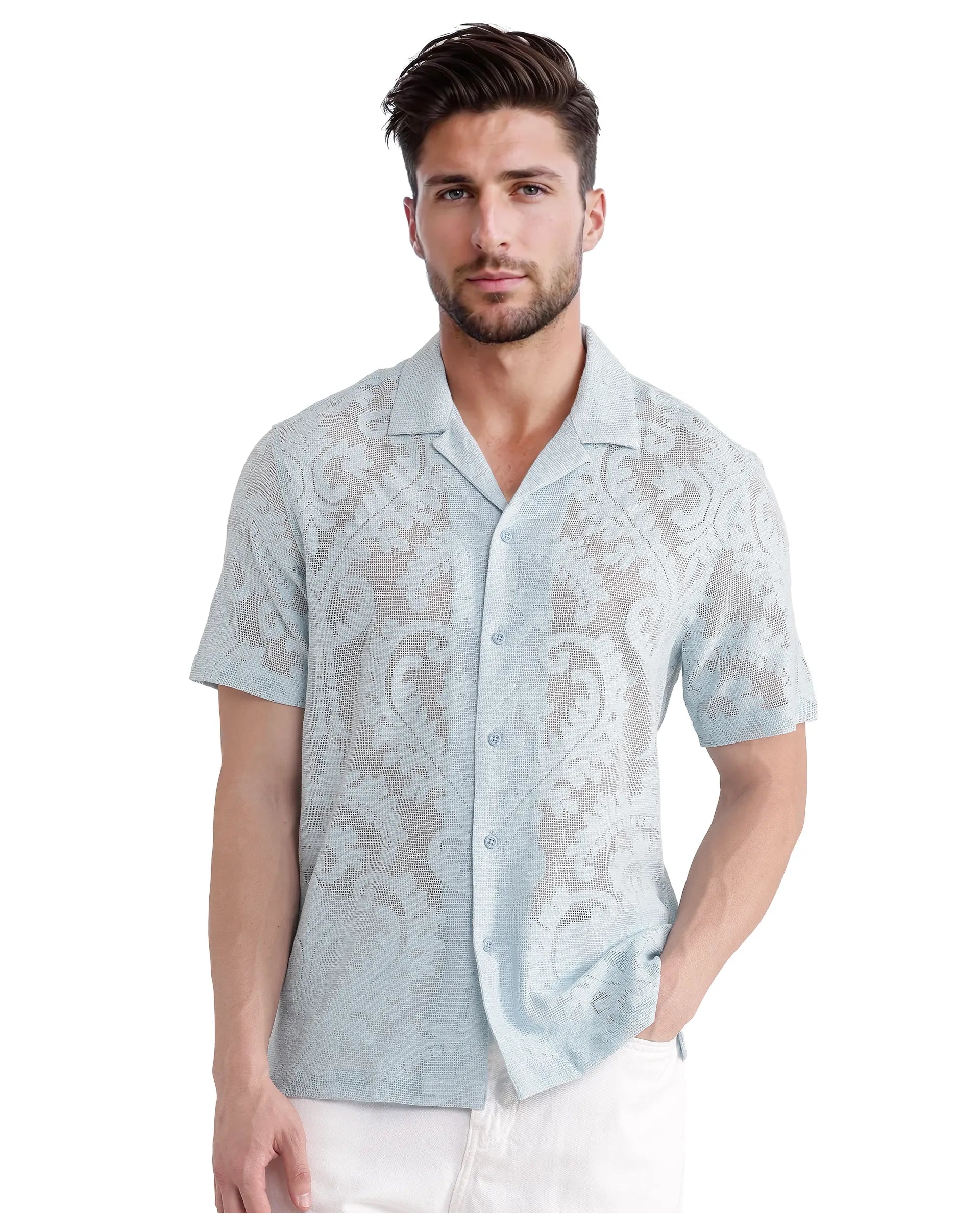 Rare Rabbit Men's Kiv Light Blue Cotton Fabric Short Sleeve Cuban Collared Knitted Floral Sheer Shirt