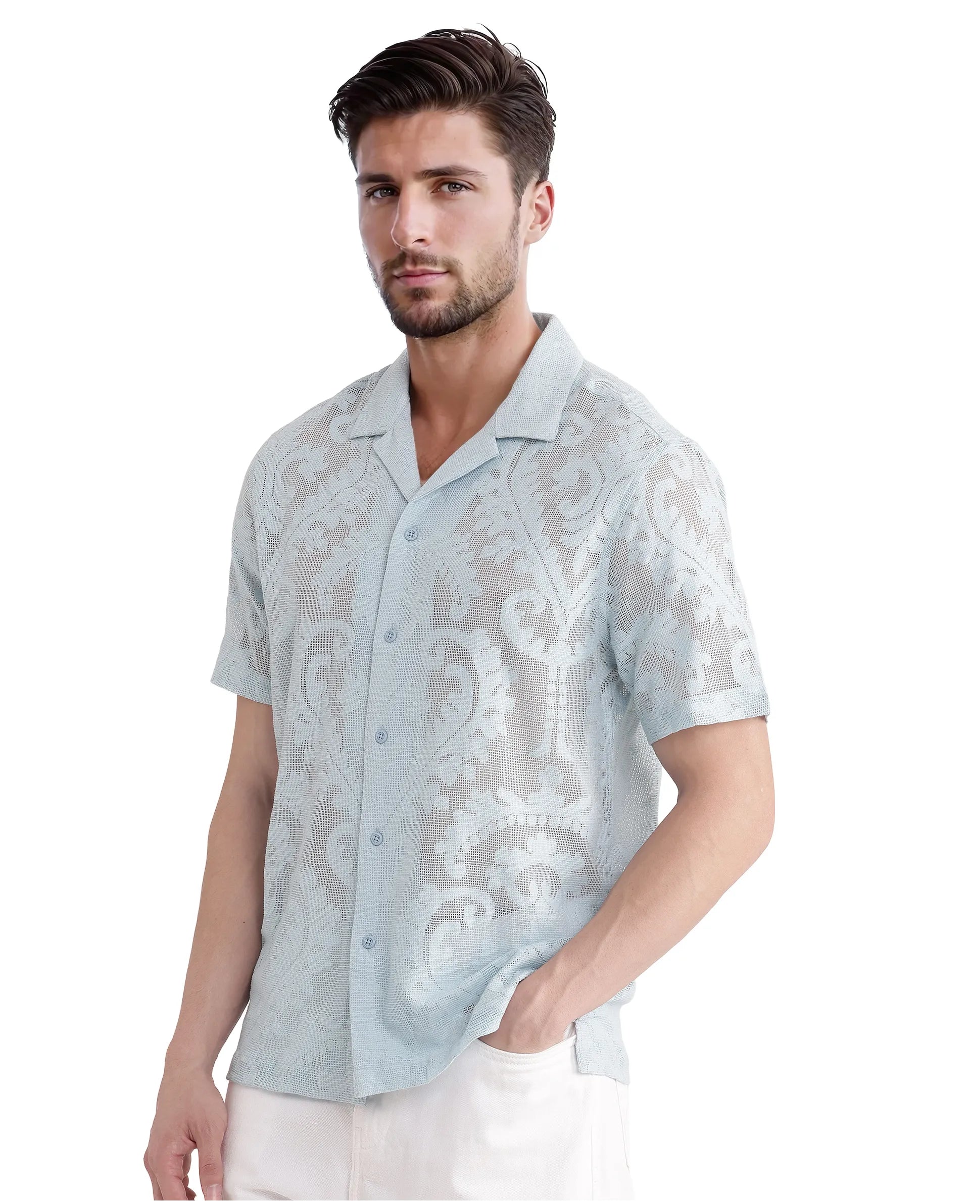 Rare Rabbit Men's Kiv Light Blue Cotton Fabric Short Sleeve Cuban Collared Knitted Floral Sheer Shirt
