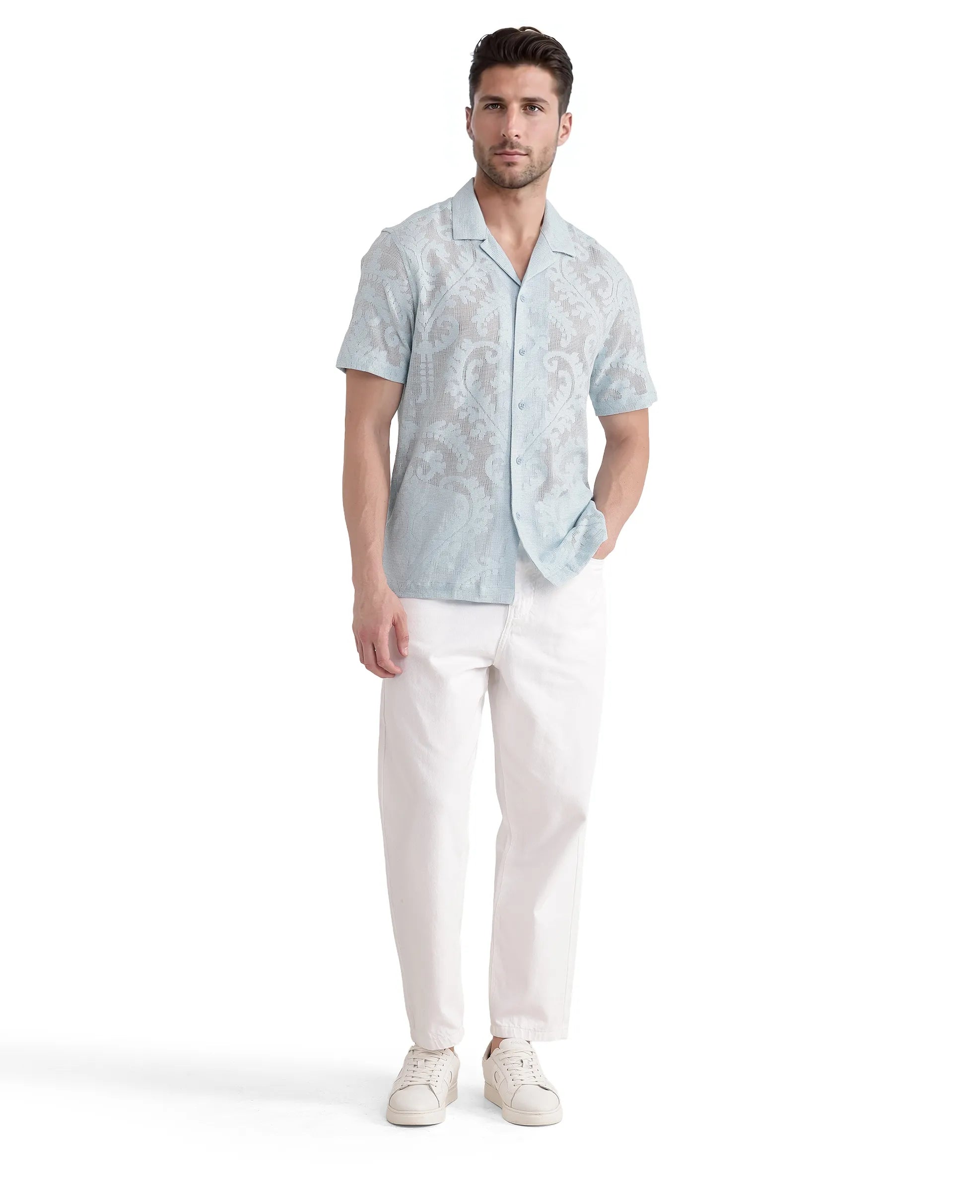 Rare Rabbit Men's Kiv Light Blue Cotton Fabric Short Sleeve Cuban Collared Knitted Floral Sheer Shirt