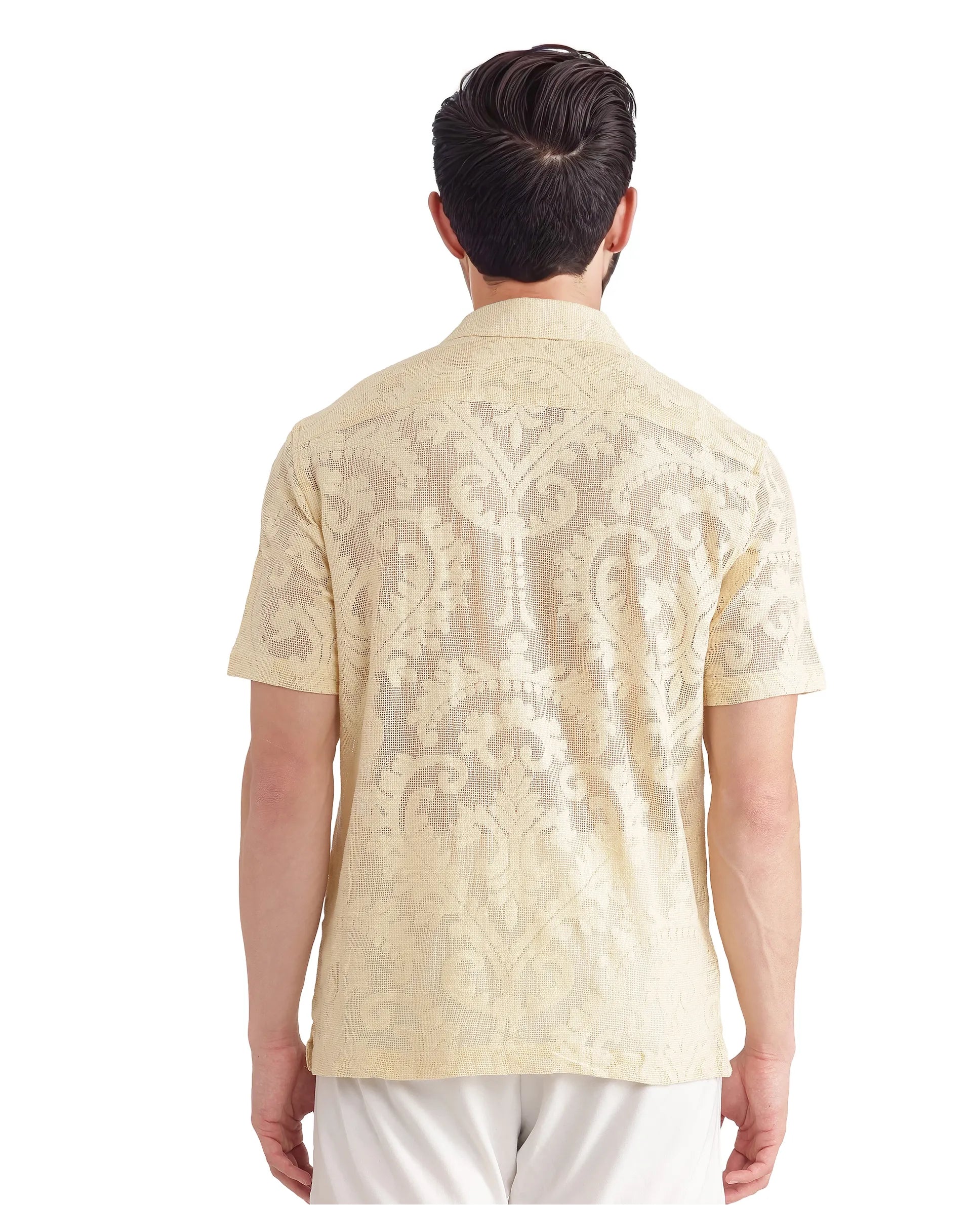 Rare Rabbit Men's Kiv Light Yellow Cotton Fabric Short Sleeve Cuban Collared Knitted Floral Sheer Shirt