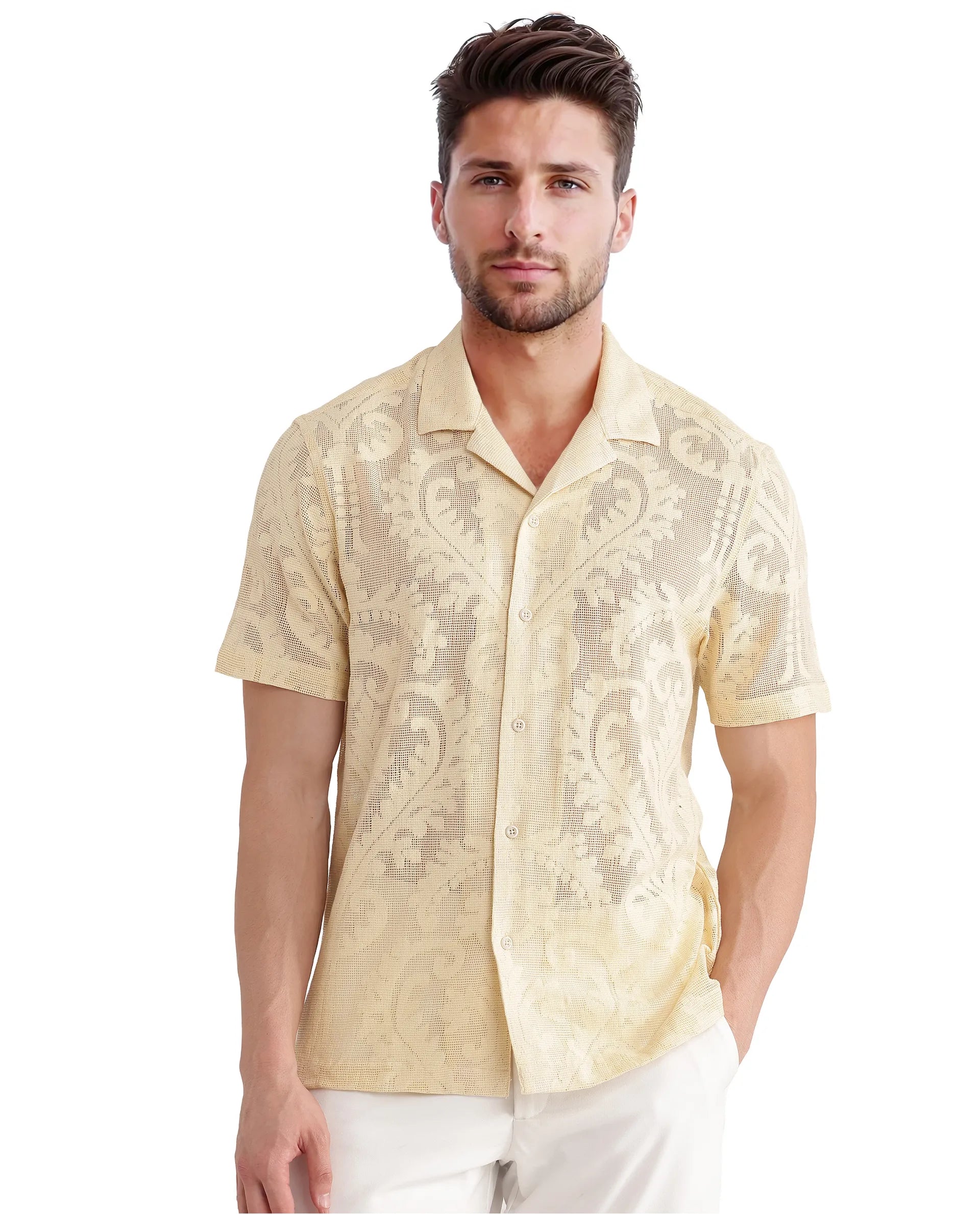 Rare Rabbit Men's Kiv Light Yellow Cotton Fabric Short Sleeve Cuban Collared Knitted Floral Sheer Shirt