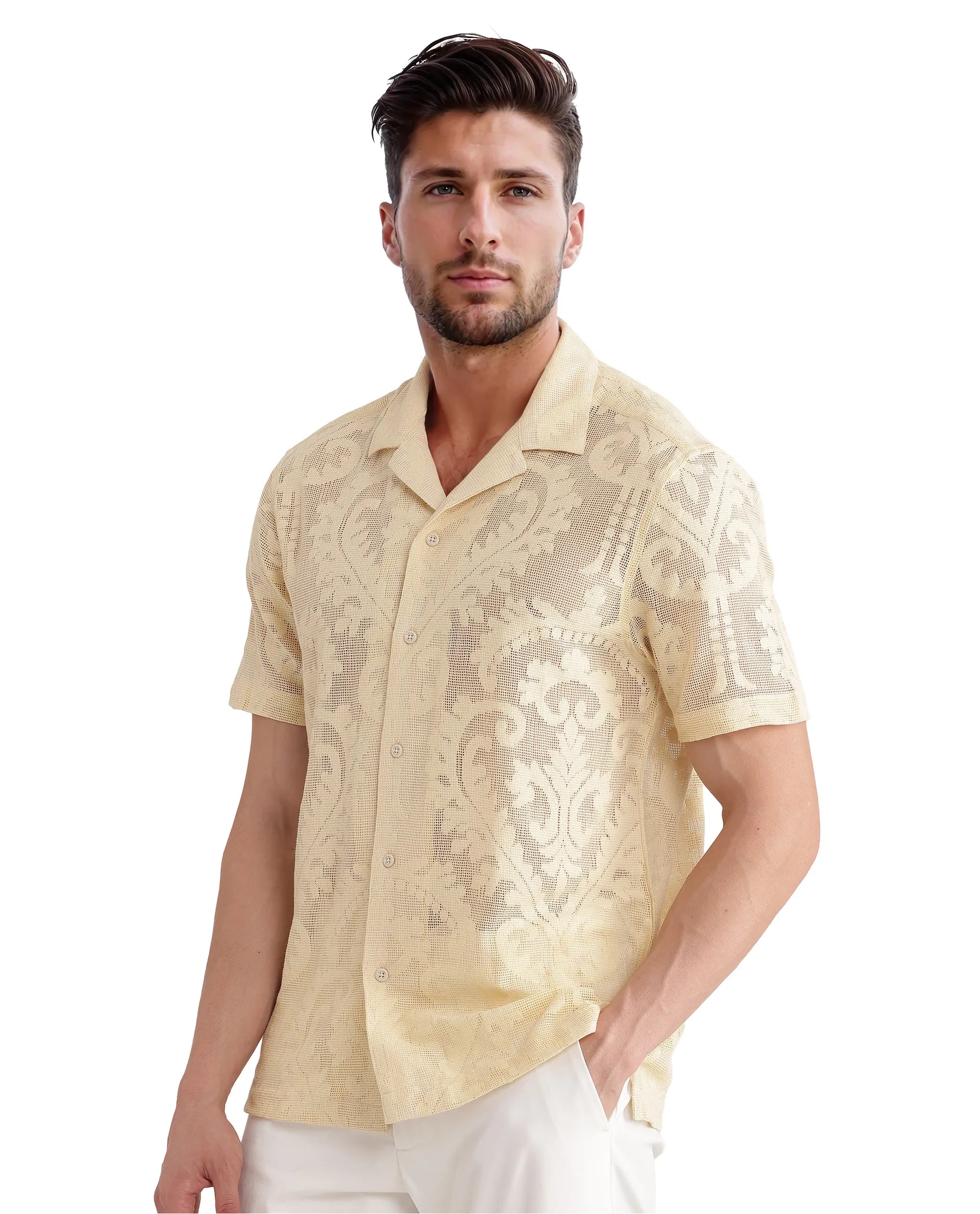 Rare Rabbit Men's Kiv Light Yellow Cotton Fabric Short Sleeve Cuban Collared Knitted Floral Sheer Shirt