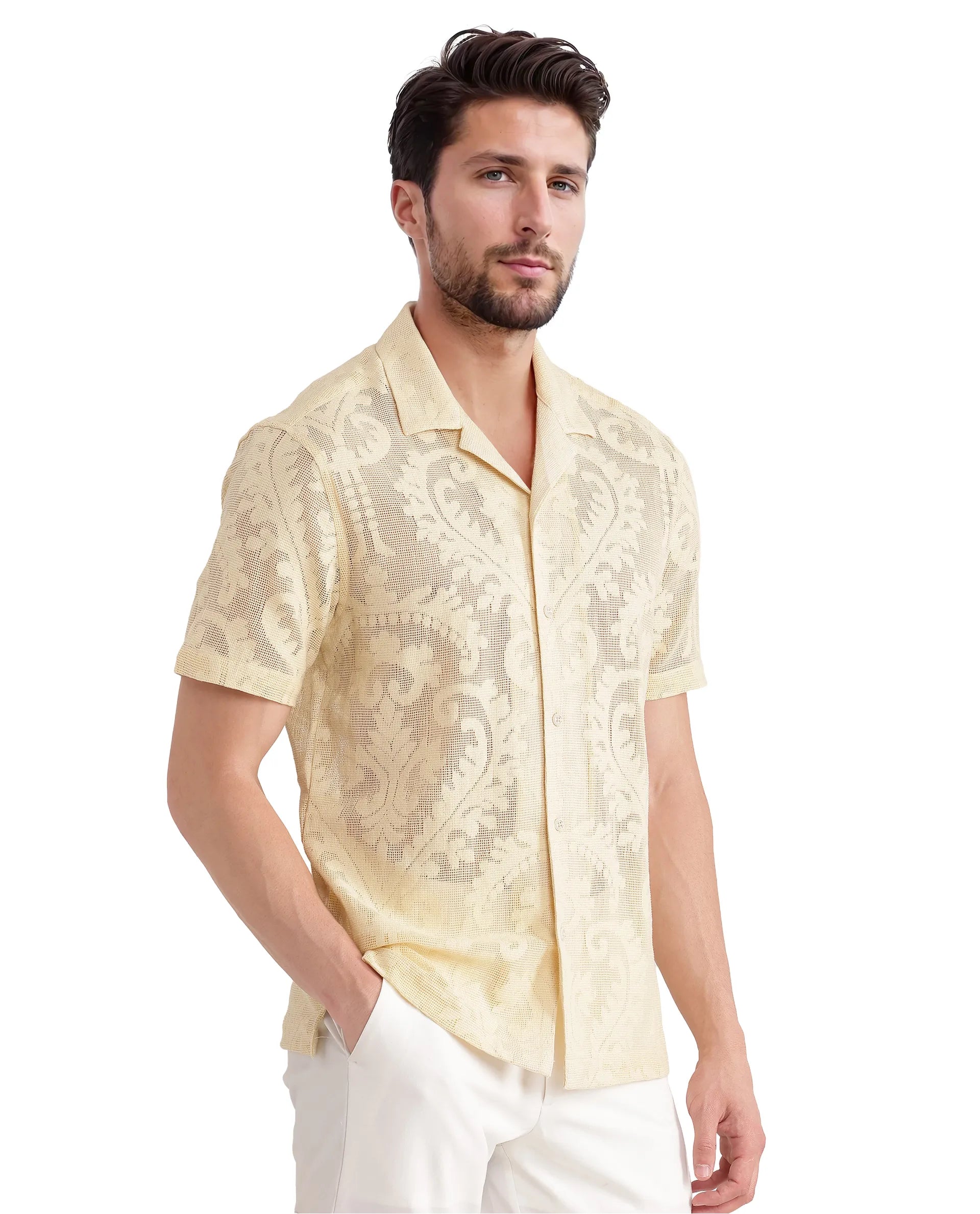 Rare Rabbit Men's Kiv Light Yellow Cotton Fabric Short Sleeve Cuban Collared Knitted Floral Sheer Shirt