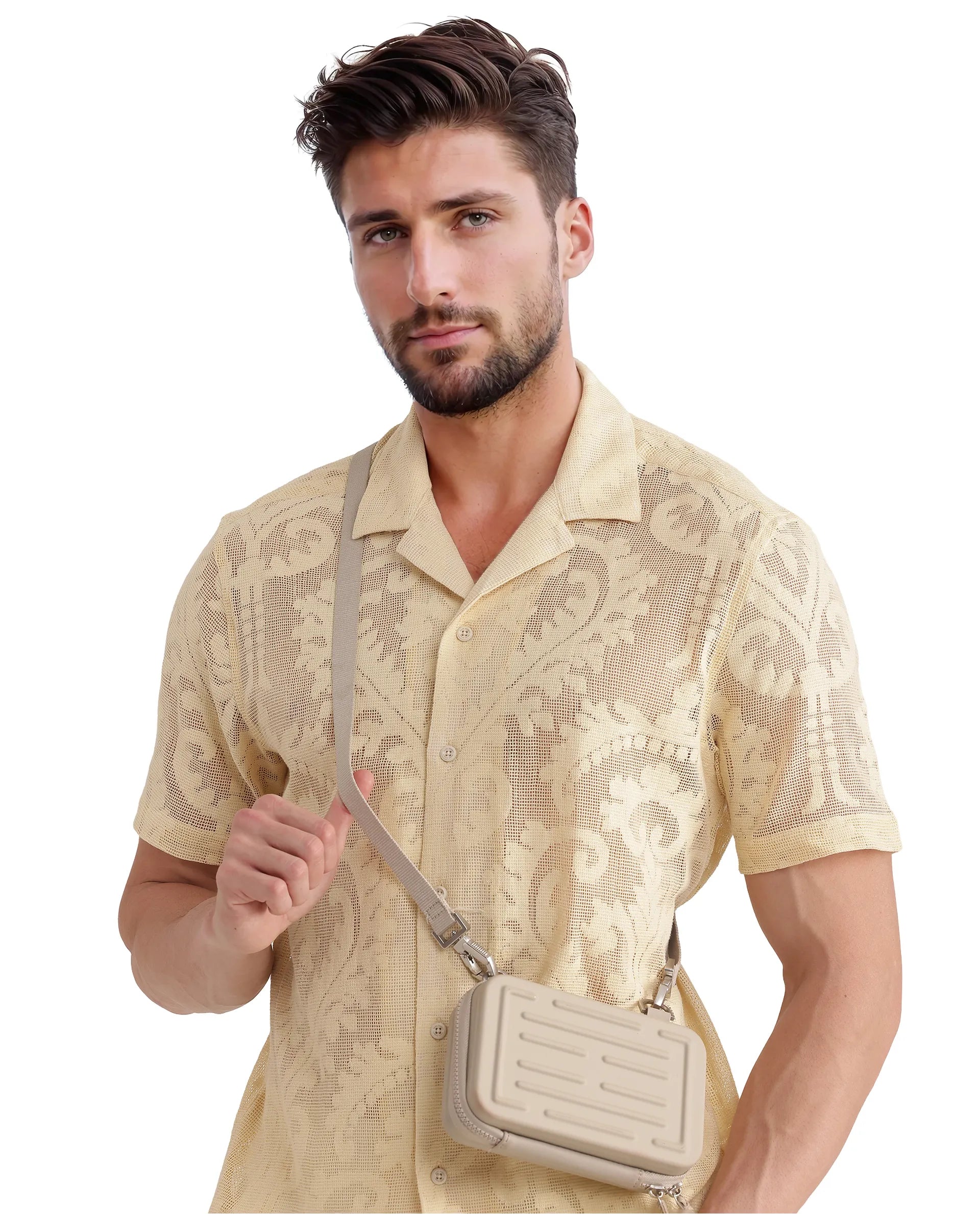 Rare Rabbit Men's Kiv Light Yellow Cotton Fabric Short Sleeve Cuban Collared Knitted Floral Sheer Shirt