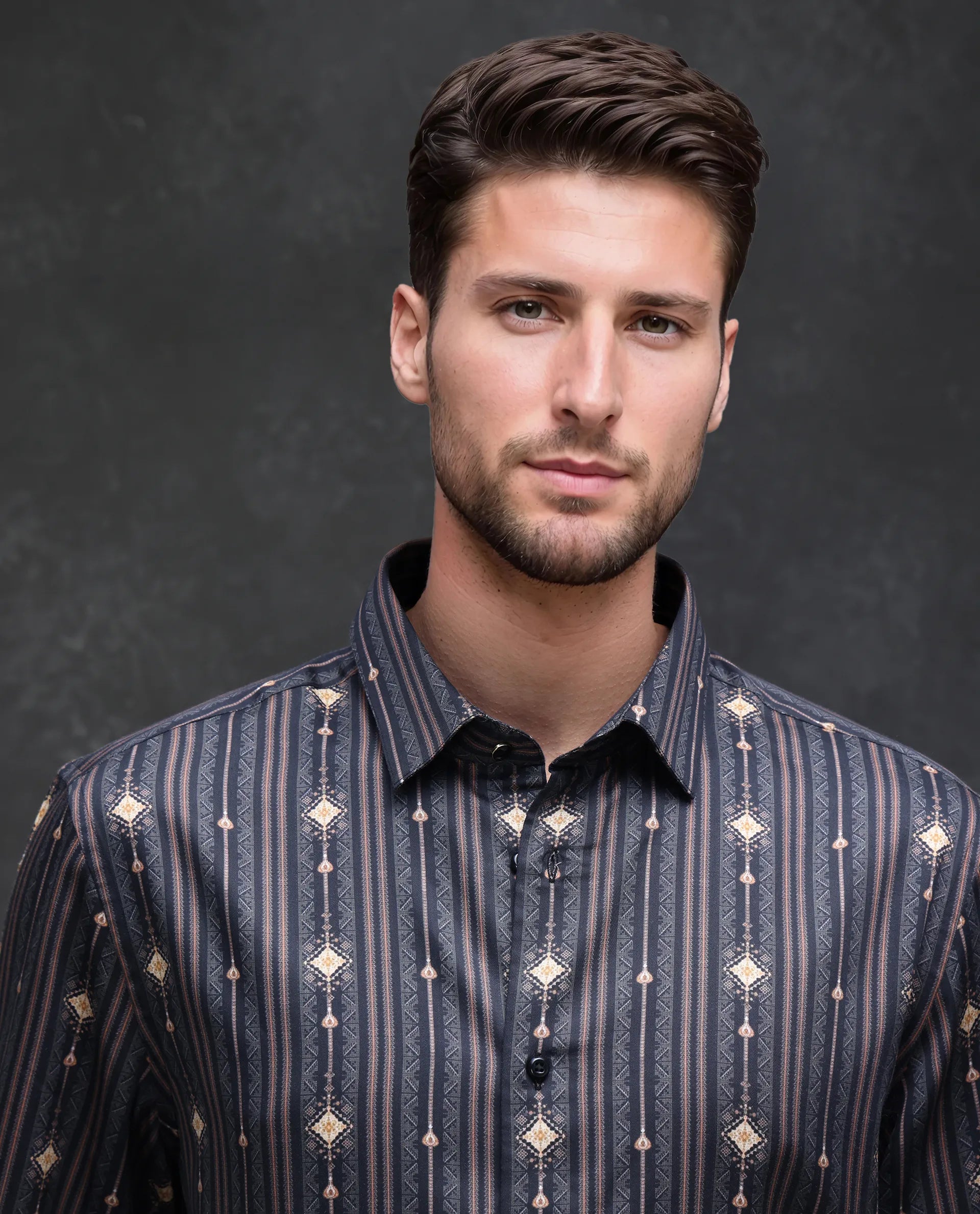 Rare Rabbit Men's Kivra Black Cotton Blend Geometric Print Regular Fit Full Sleeve Collared Shirt