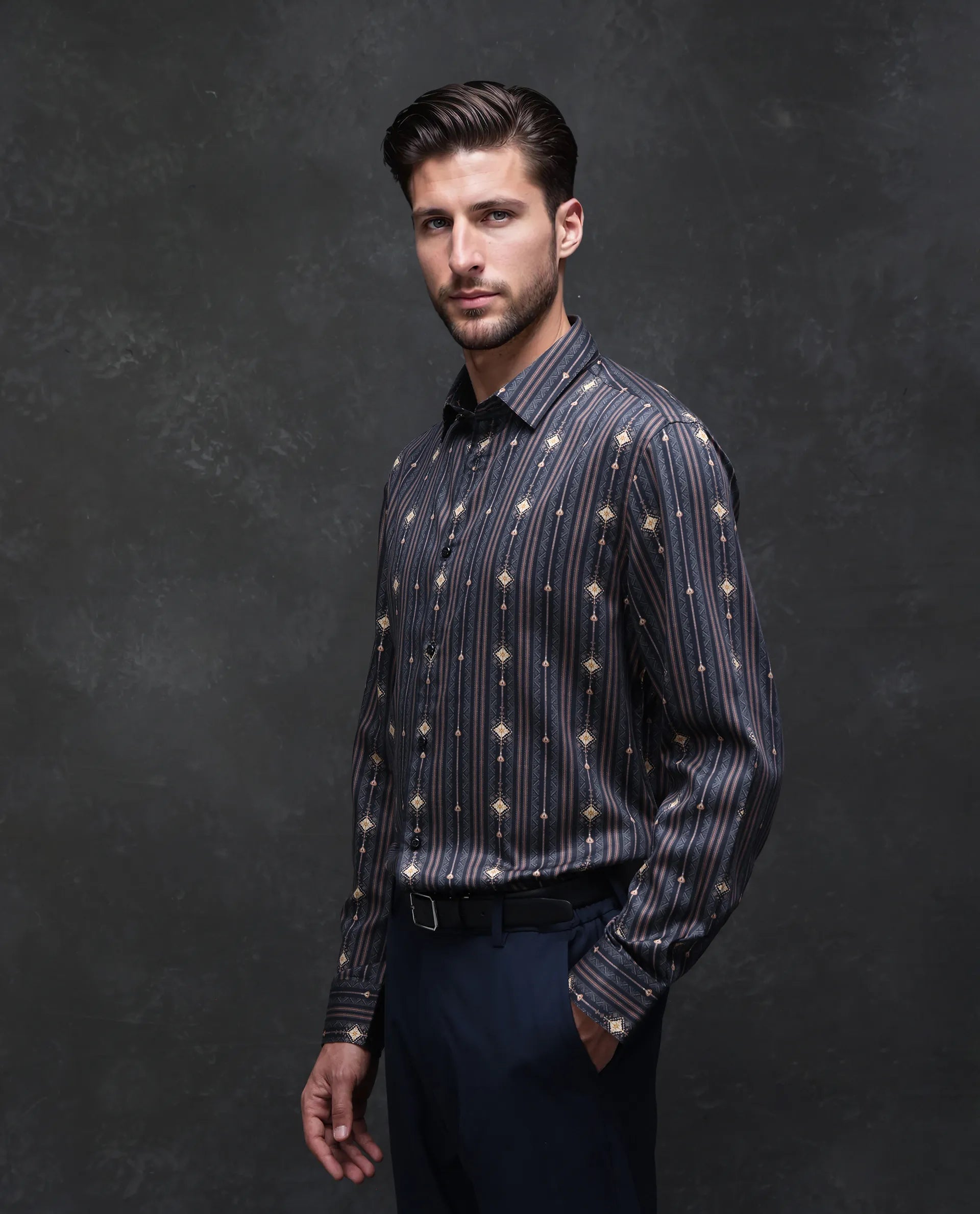 Rare Rabbit Men's Kivra Black Cotton Blend Geometric Print Regular Fit Full Sleeve Collared Shirt