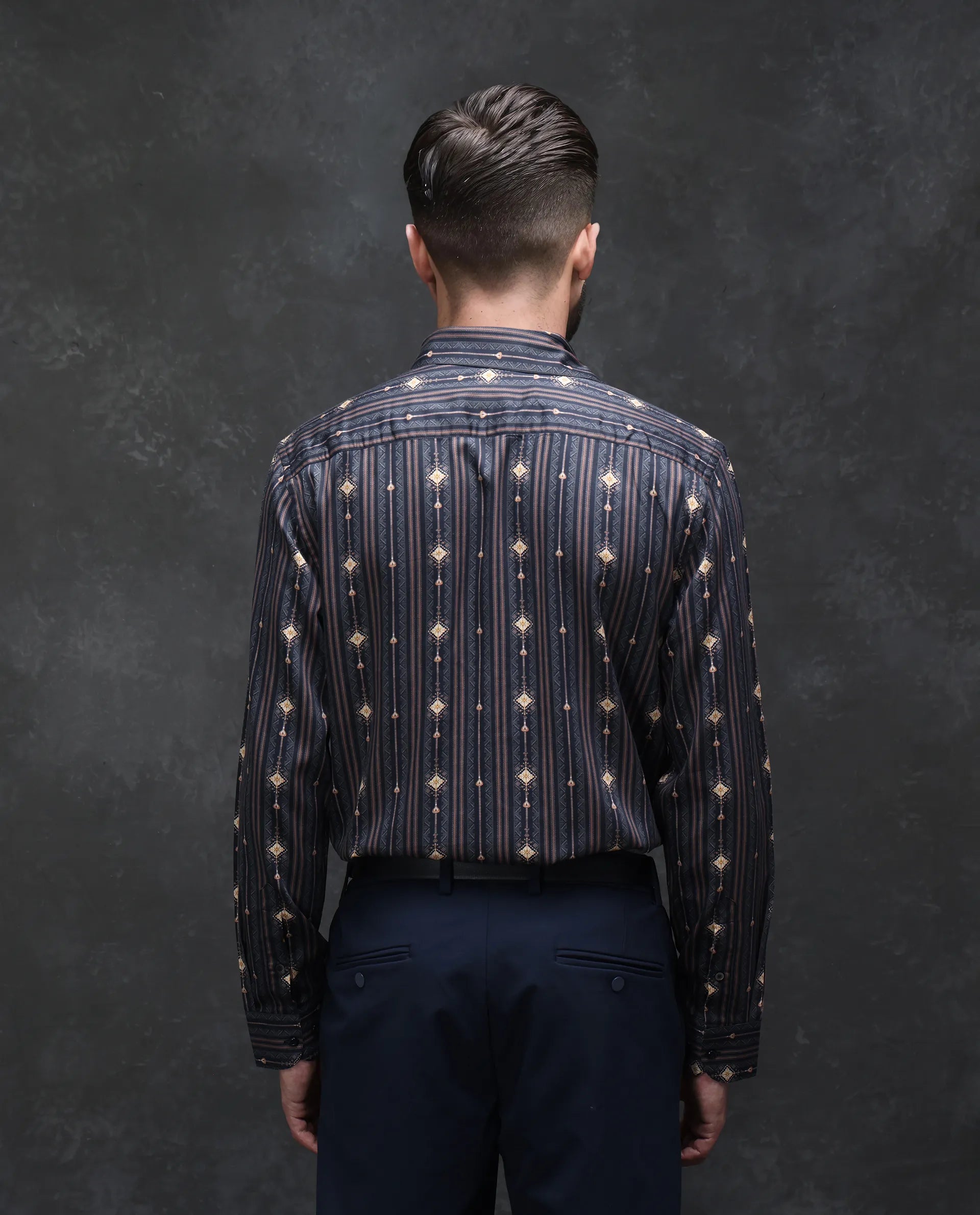 Rare Rabbit Men's Kivra Black Cotton Blend Geometric Print Regular Fit Full Sleeve Collared Shirt