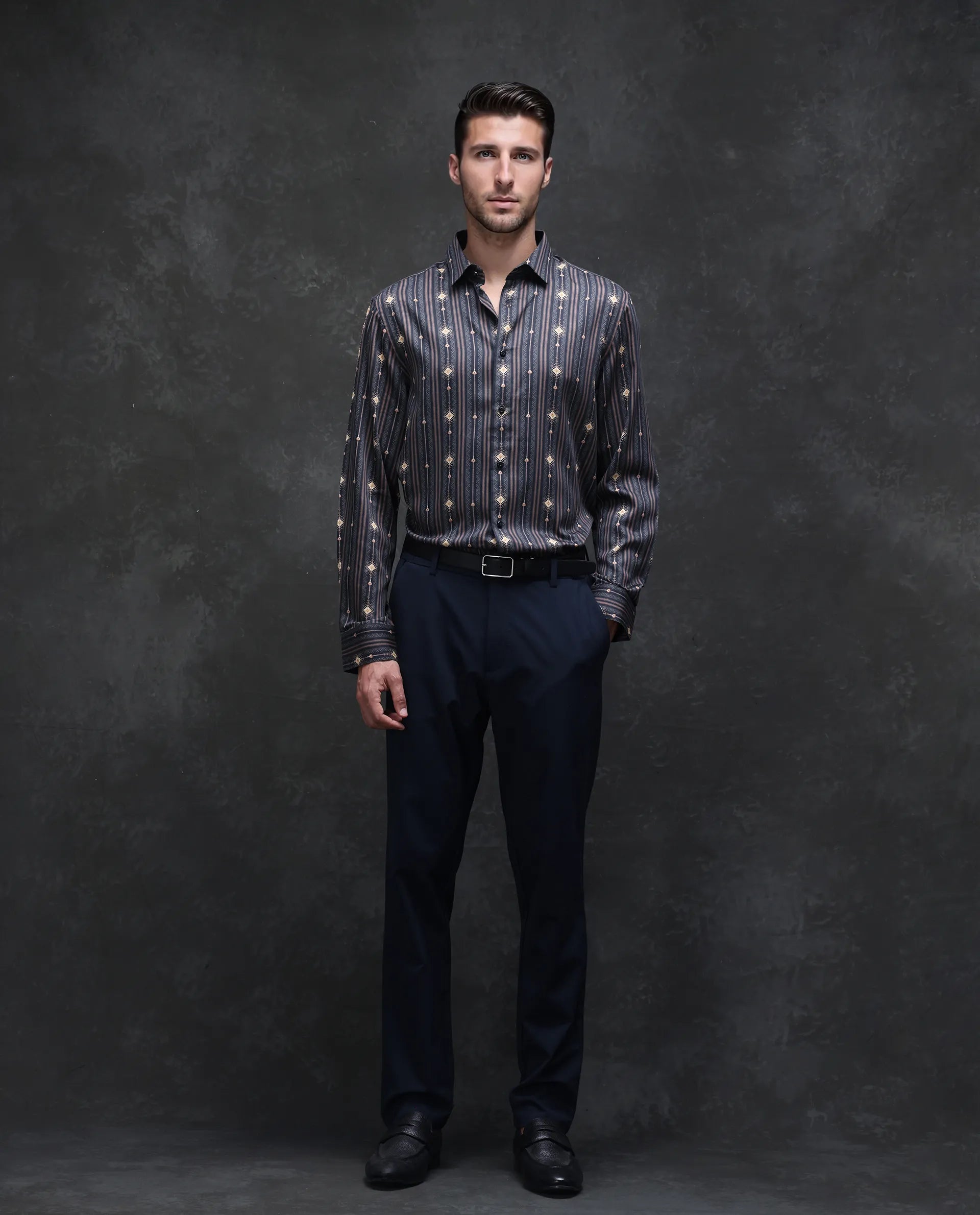 Rare Rabbit Men's Kivra Black Cotton Blend Geometric Print Regular Fit Full Sleeve Collared Shirt