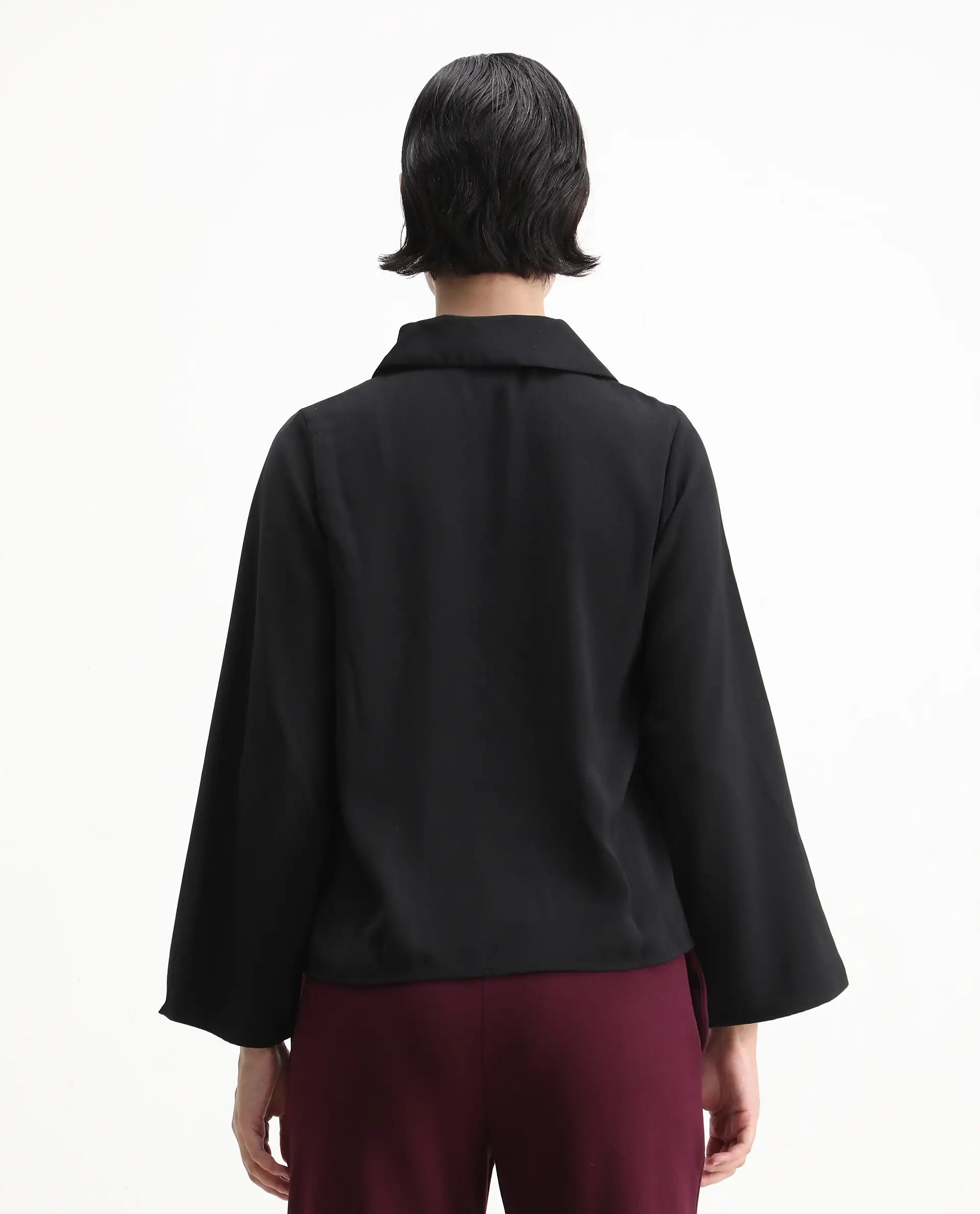 Rareism Women's Klamma Black Satin Johnny Collar Plain Regular Fit Top