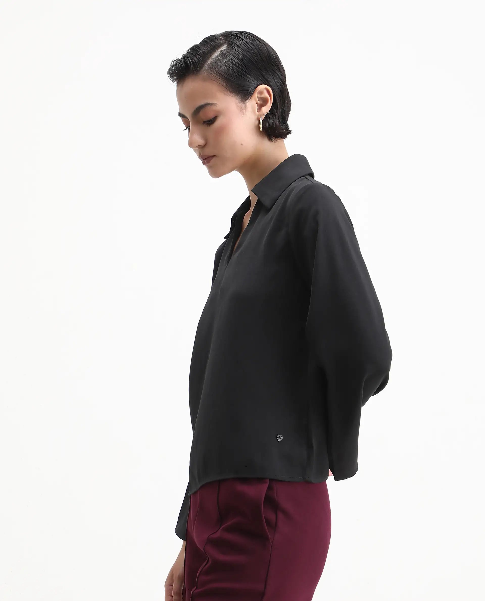 Rareism Women's Klamma Black Satin Johnny Collar Plain Regular Fit Top