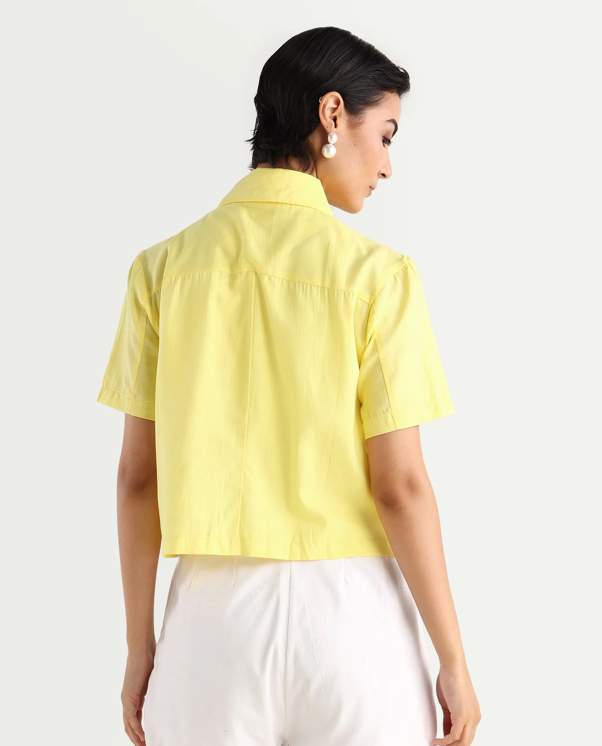 Rareism Women's Klappy Yellow Viscose Blend Drop Collar Plain Crop Regular Fit Top