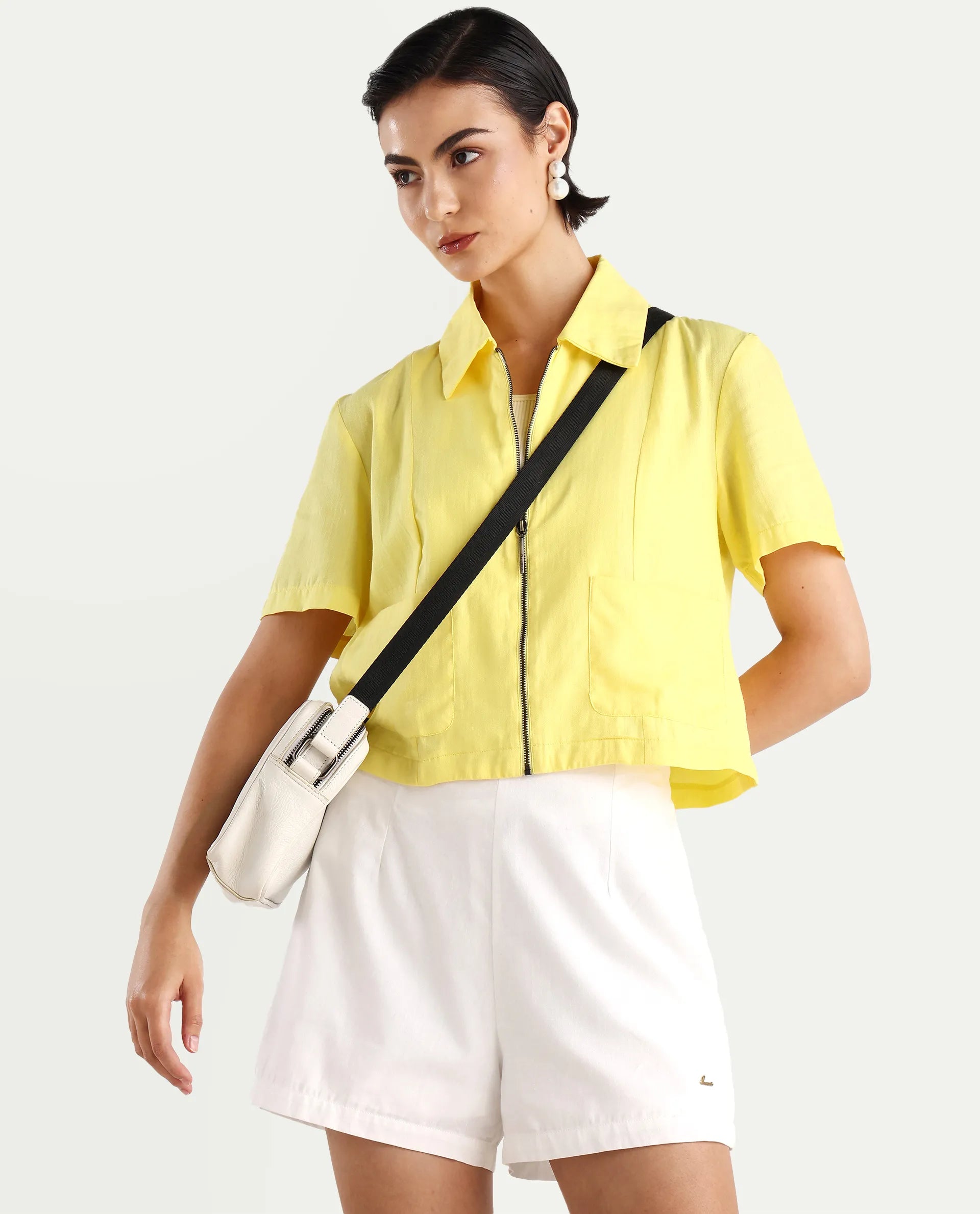 Rareism Women's Klappy Yellow Viscose Blend Drop Collar Plain Crop Regular Fit Top