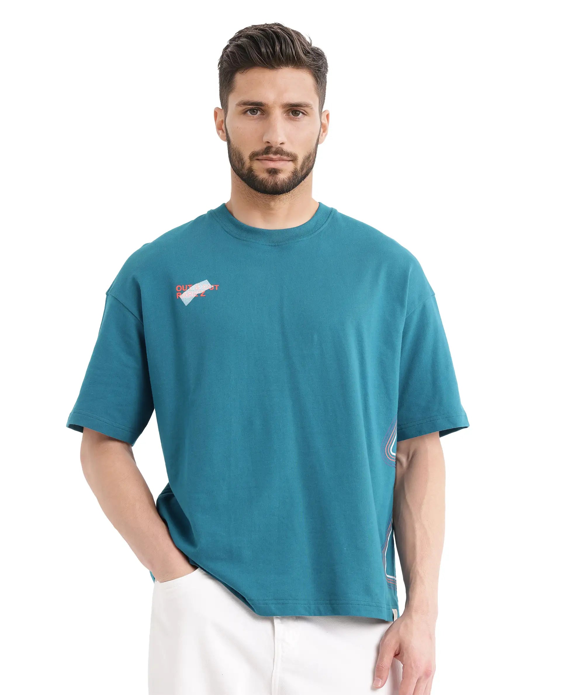 Rare Rabbit Men Klas Teal Cotton Fabric Short Sleeve Crew Neck Oversized Fit All Over Placement Backprint T-Shirt