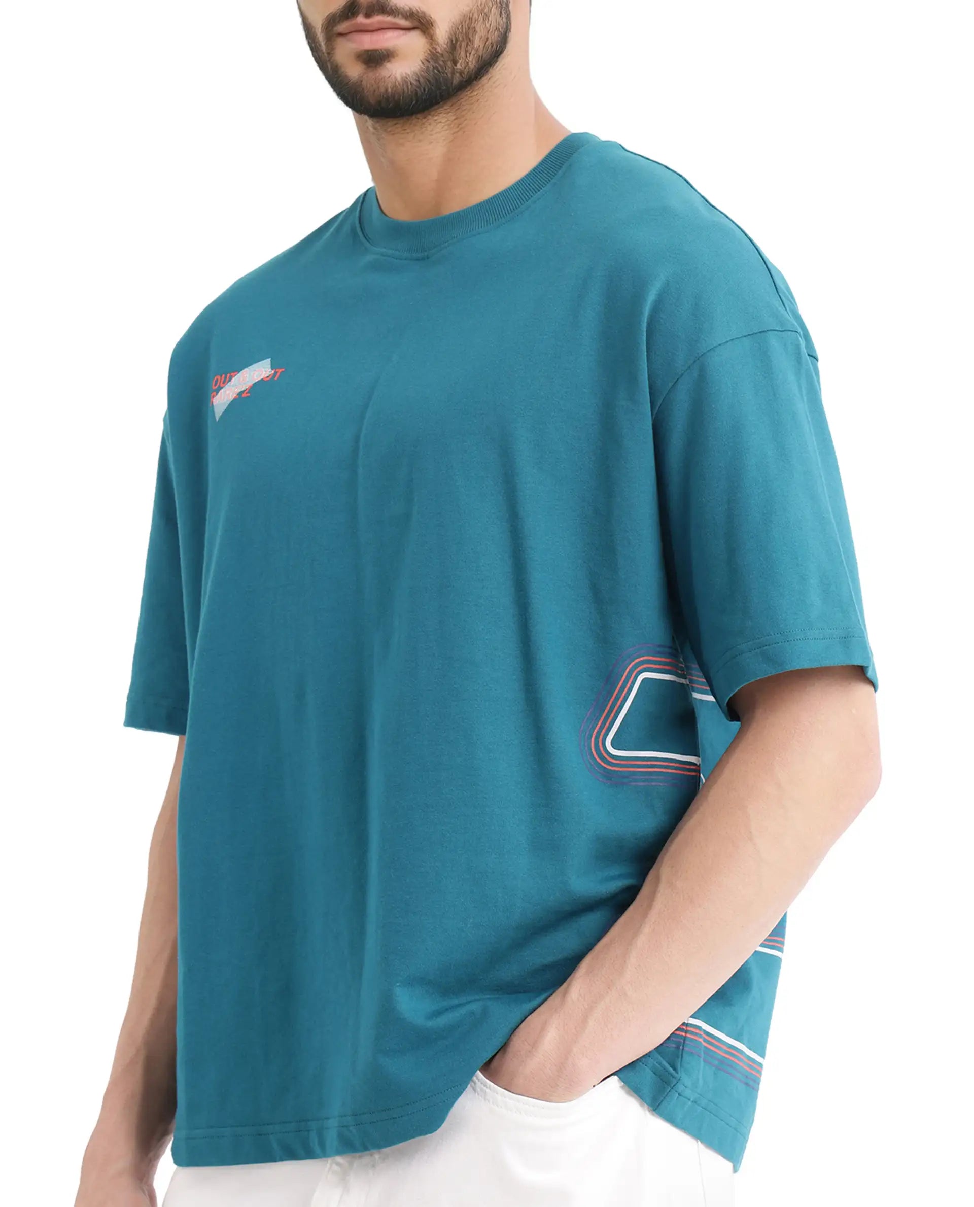 Rare Rabbit Men Klas Teal Cotton Fabric Short Sleeve Crew Neck Oversized Fit All Over Placement Backprint T-Shirt