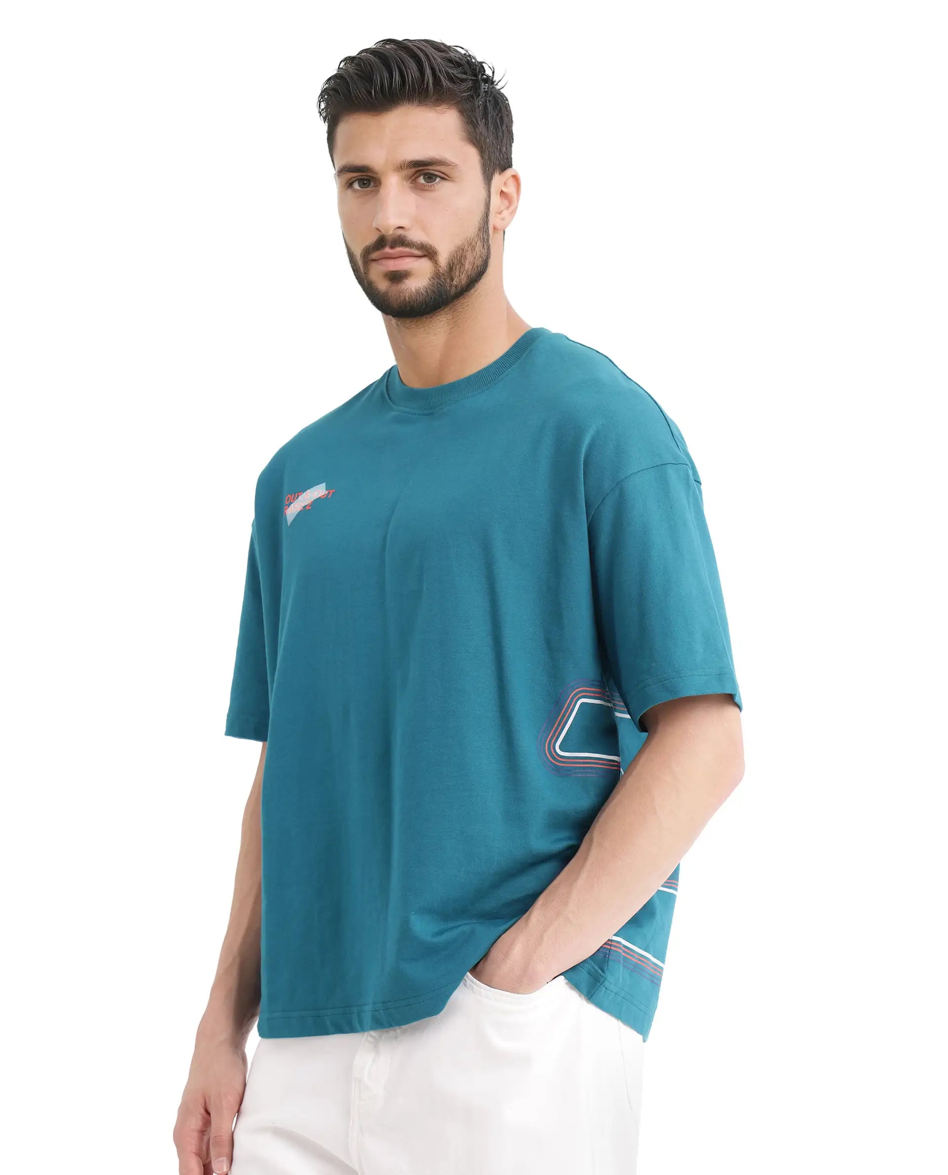 Rare Rabbit Men Klas Teal Cotton Fabric Short Sleeve Crew Neck Oversized Fit All Over Placement Backprint T-Shirt