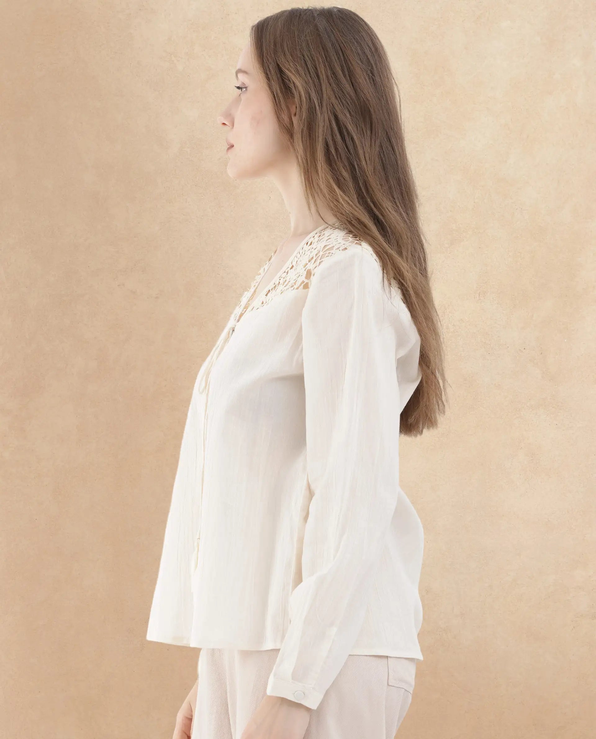 Rareism Women's Klaya Beige Cotton V-Neck Plain Relaxed Fit Top